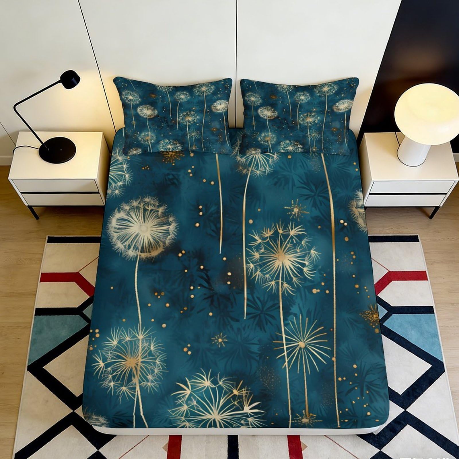 3D Printed Dandelion Meadow Fitted Sheet Microfiber Soft Anti-Slip Golden Firework Mattress Cover for Bedroom Dorm Decor 160x200x25cm