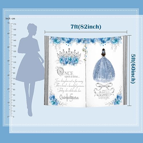 Miniatura 3 de Mocsicka Telón de fondo de quinceañera para fiesta de cumpleaños número 15 para niña, decoración de fiesta de membrillo azul plateado con flores