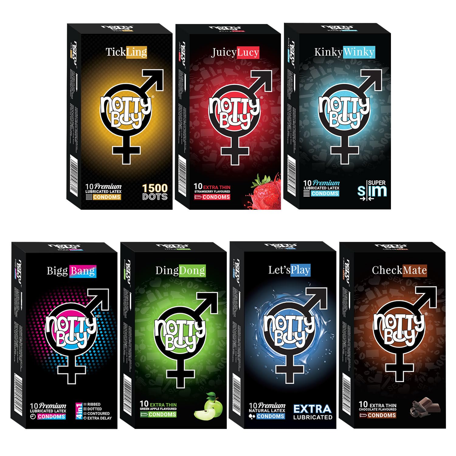 NOTTY BOY Condom Honeymoon Combo Set - Extra Lubricated, Thin, Dotted, Ribbed, Overtime, Strawberry, Chocolate and Green Apple Flavoured Condom - 70 Pieces-image-32