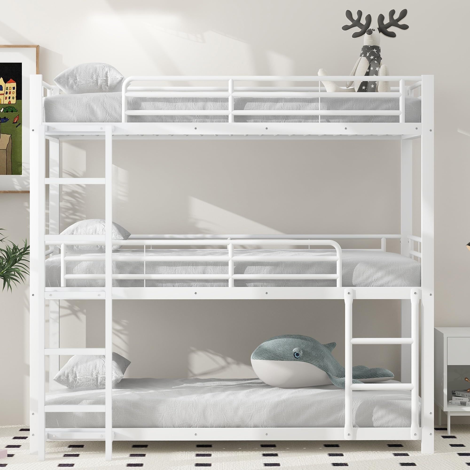 90 x 200 cm, struttura letto in metallo, letto a castello, letto a castello, letto a tre piani per bambini, ragazzi e adulti, nero (bianco)