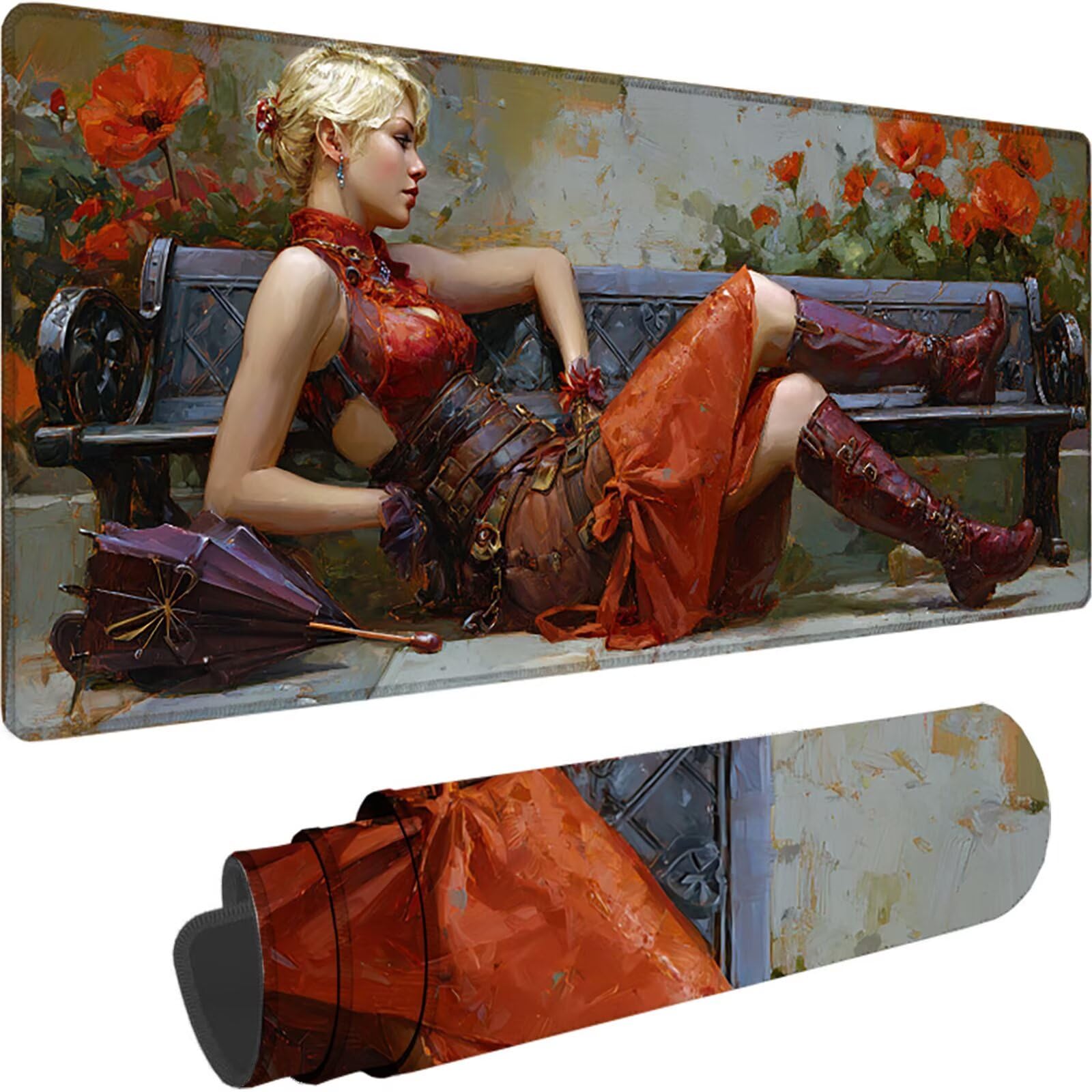 Tappetino Mouse Gaming Rosso Tappetino Mouse XXL 1000x500x3 mm, Fiore Mousepad Accessori Gaming con Bordi Cuciti, Sottomano Scrivania Migliorare la Precisione e la Velocità per Giocatori w-1462