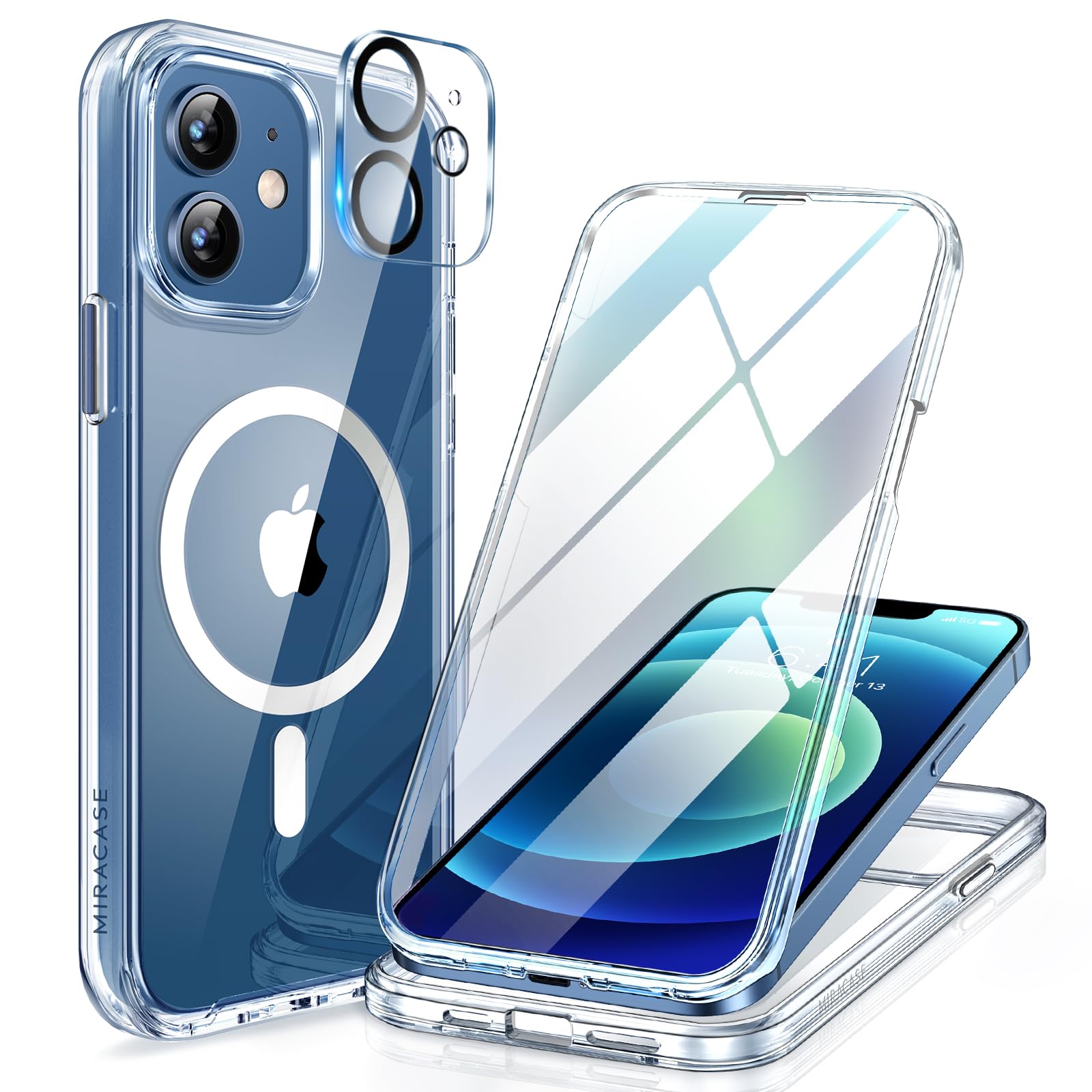 Miracase Magnetic for iPhone 12/12 Pro Case 6.1 inch, (Compatible with MagSafe) Upgrade Full-Body Clear Phone Bumper Case with Built-in 9H Tempered Glass Screen Protector, Magnetic Clear