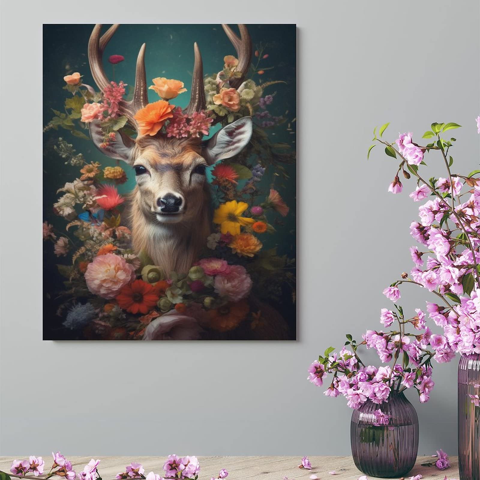 Amazon.co.jp: 絵画 花を持つ鹿インテリア 絵画 自然芸術のポート