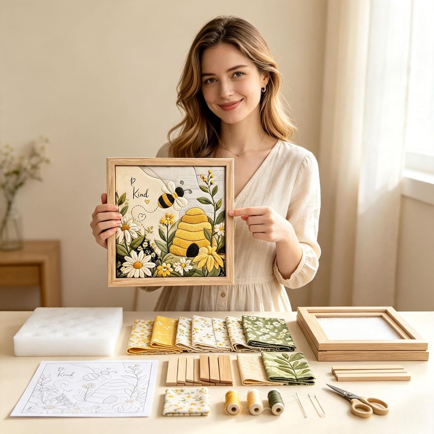 Kinusaiga Fabric Art Kit | Kit Poke 3D per Ape in Tessuto DIY | Arte Murale a Mosaico Premium Senza Cucire con Cornice e Attrezzi | Progetto Creativo a Mano