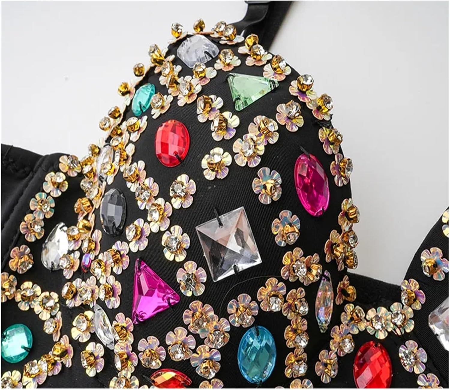 Rhinestones Floral Sequined Rave Rock Club Party Bralette Crop Top Push Up Sexy Bra Brassiere for Women(L)
