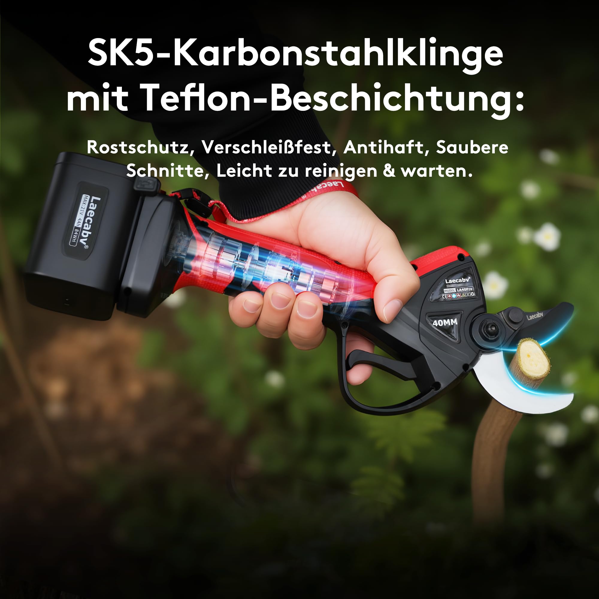 Laecabv LA40Pro Professionelle elektrische Gartenschere, 40 mm, progressiver Schnitt, 2 x 4,0 Ah Batterien (12 Std), 2 Jahre Garantie für den Körper, Bund und LCD-Display für Olivenbäume und Reben