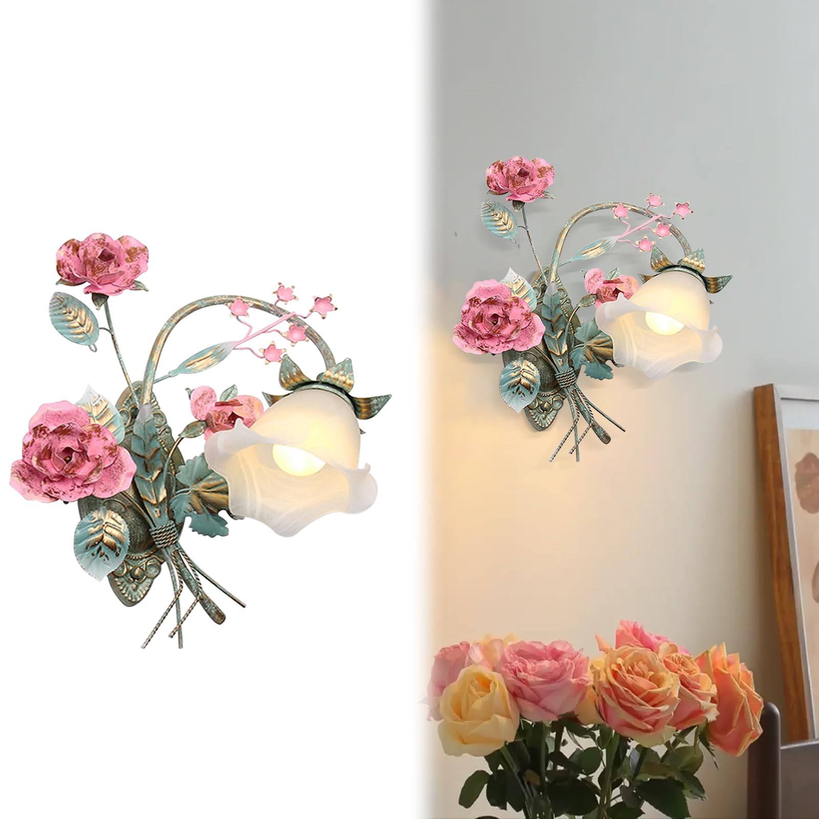 KISFWIU wall lamps lights indoor Decorative Iron Rose Floral Retro Flower Industrial with Metallic Glass White Lampshade Wall Lamp Suitable for Bedroom, Living Room,Living Room (Warm light A)