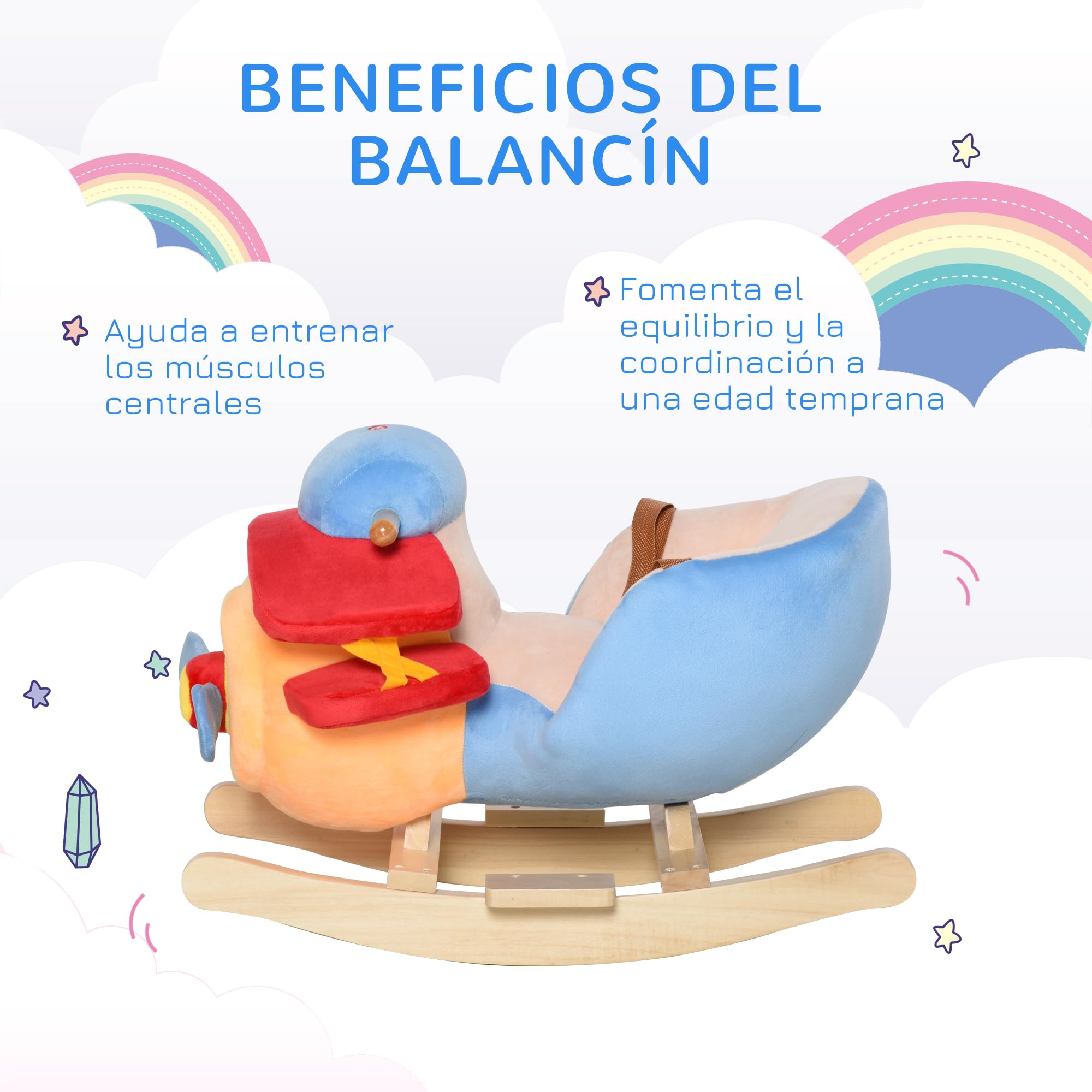 HOMCOM Caballo Balancín para Niños de +18 Meses Avión de Peluche con Música y Arnés de Seguridad Caballo de Juguete Carga 60 kg 60x33x45 cm Multicolor