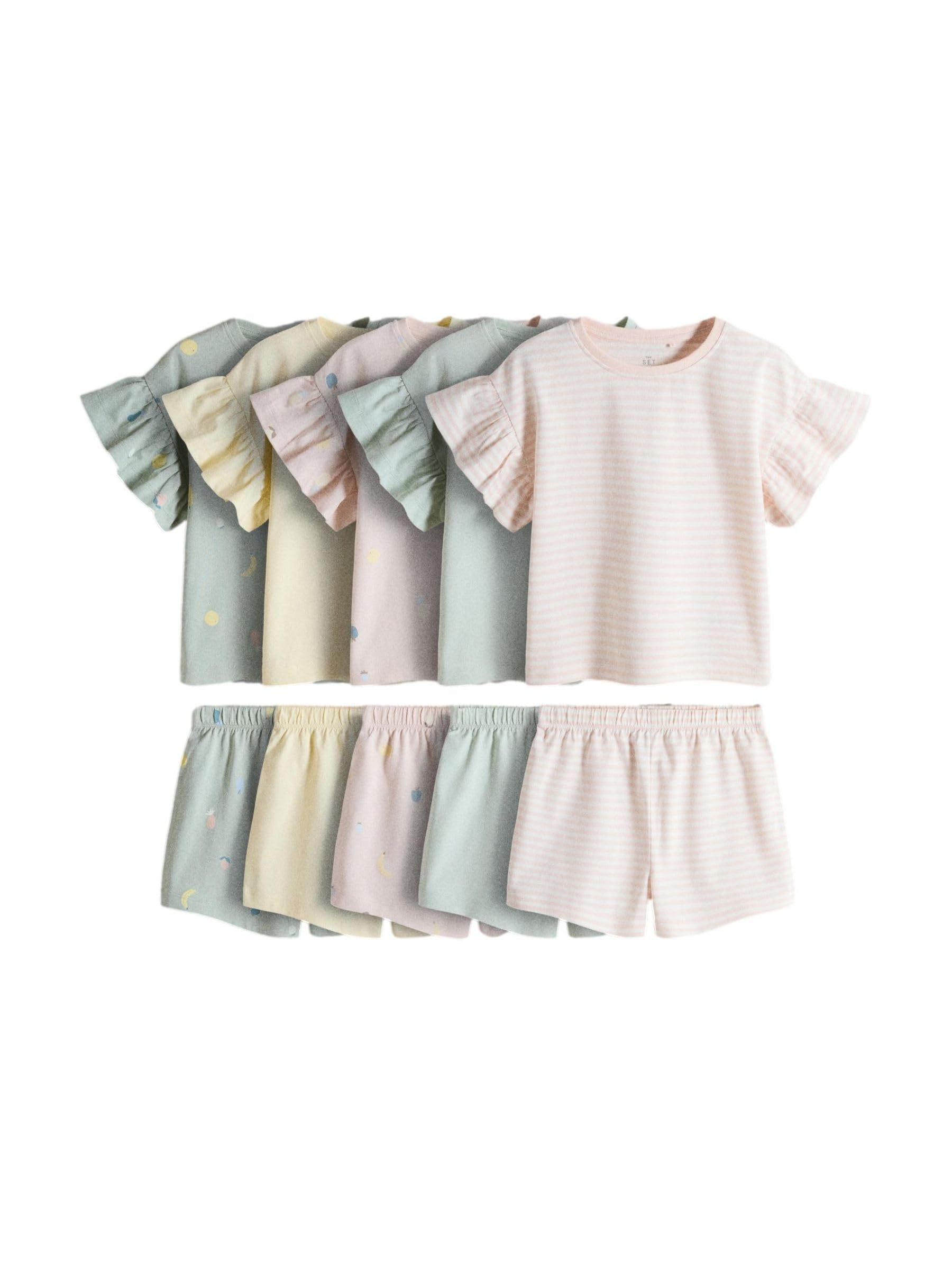 THE SET Ragazza Confezione da 5 Pigiami con t-Shirt con Maniche a Volant e Shorts in Jersey di Cotone
