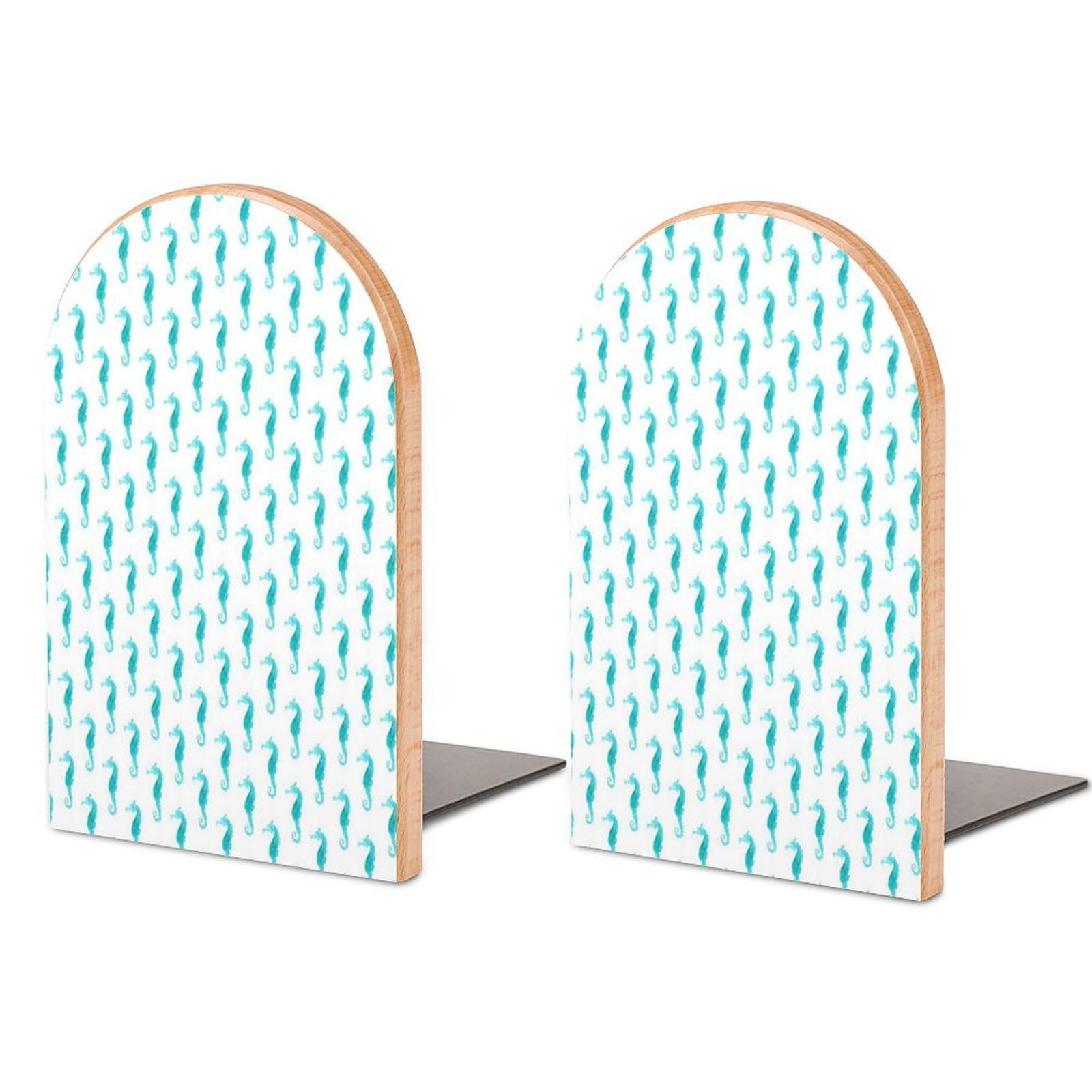 Nautical Seahorse Animal in Pastel Watercolors Aquatic Life Beech Wood Bookends Heavy Duty Book Organizers Desktop File Holder for Office Home Bookshelf