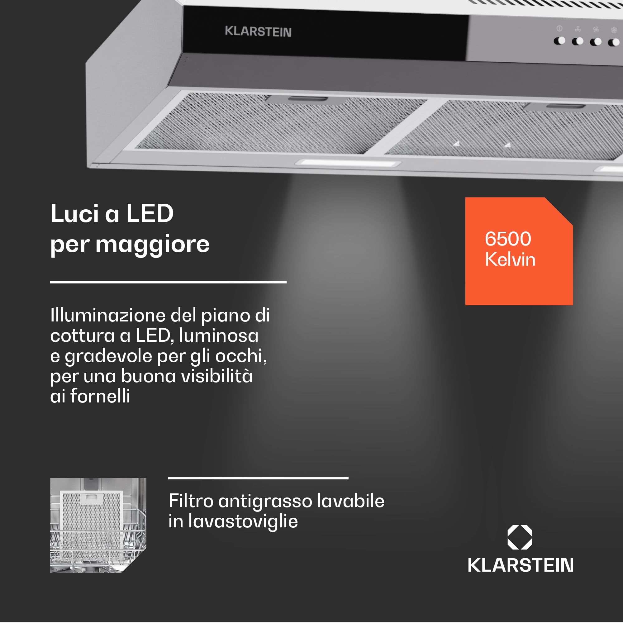 Klarstein Contempo 90 Cappa Aspirante da Incasso, 90cm, 200 m³/h, LED, Filtri ai Carboni Attivi, Argento