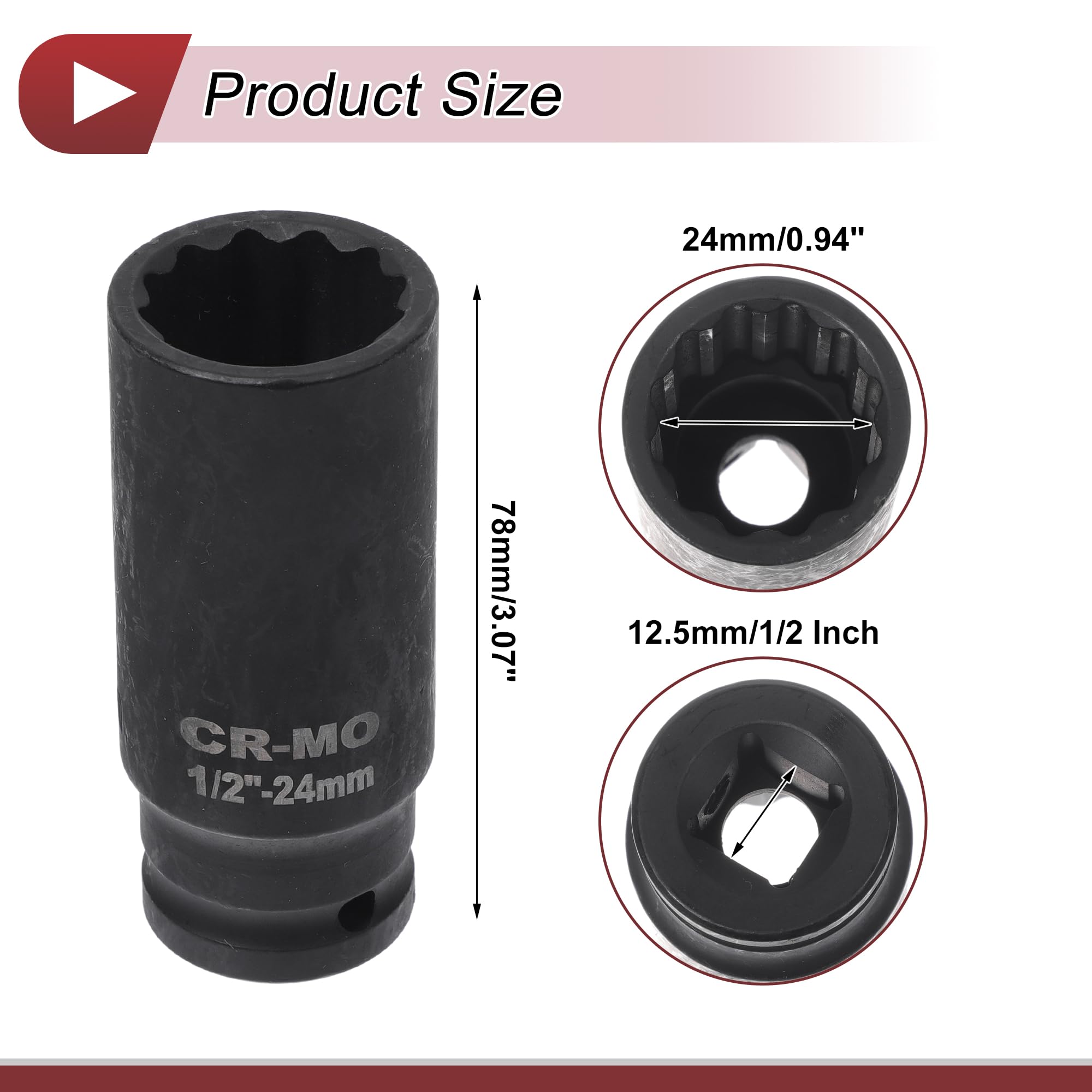 HEROFFIX 1 Pcs Impact Socket Durable Hardware Tool 78mm Black High Carbon Steel 12 Point 24mm for Car Motorcycle Dirtbike Repair 1/2 Inch Drive - Image 4