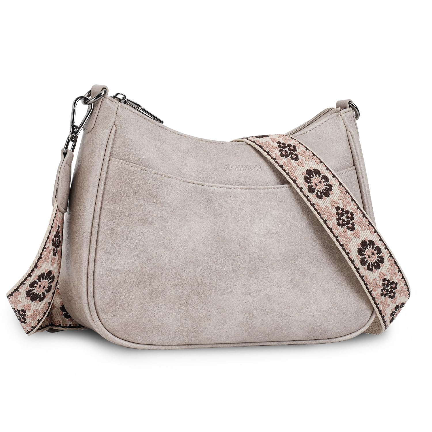 APHISON Klein Crossbody Bag mit Breitem Gurt Schultertasche Umhängetasche Damen veganem Leder grau Handtasche Tasche mit Abnehmbarem Schultergurt Kartenschlitz Reisetasche