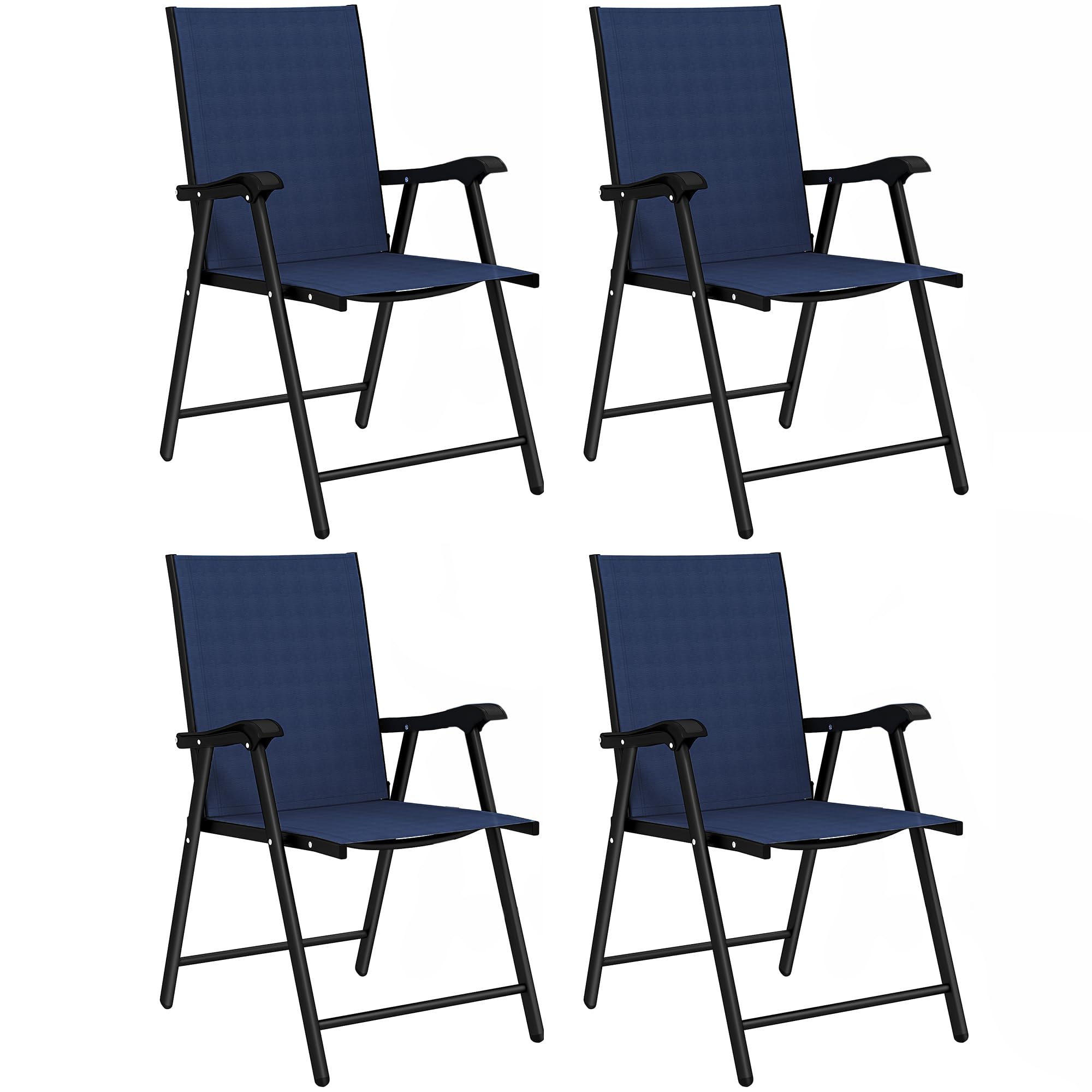 Outsunny Folding Garden Chairs Set of 4, Foldable Garden Dining Chairs with High Back and Armrests, Breathable Texteline Folding Outdoor Chair Set with Metal Frame for Patio, Balcony, Navy Blue