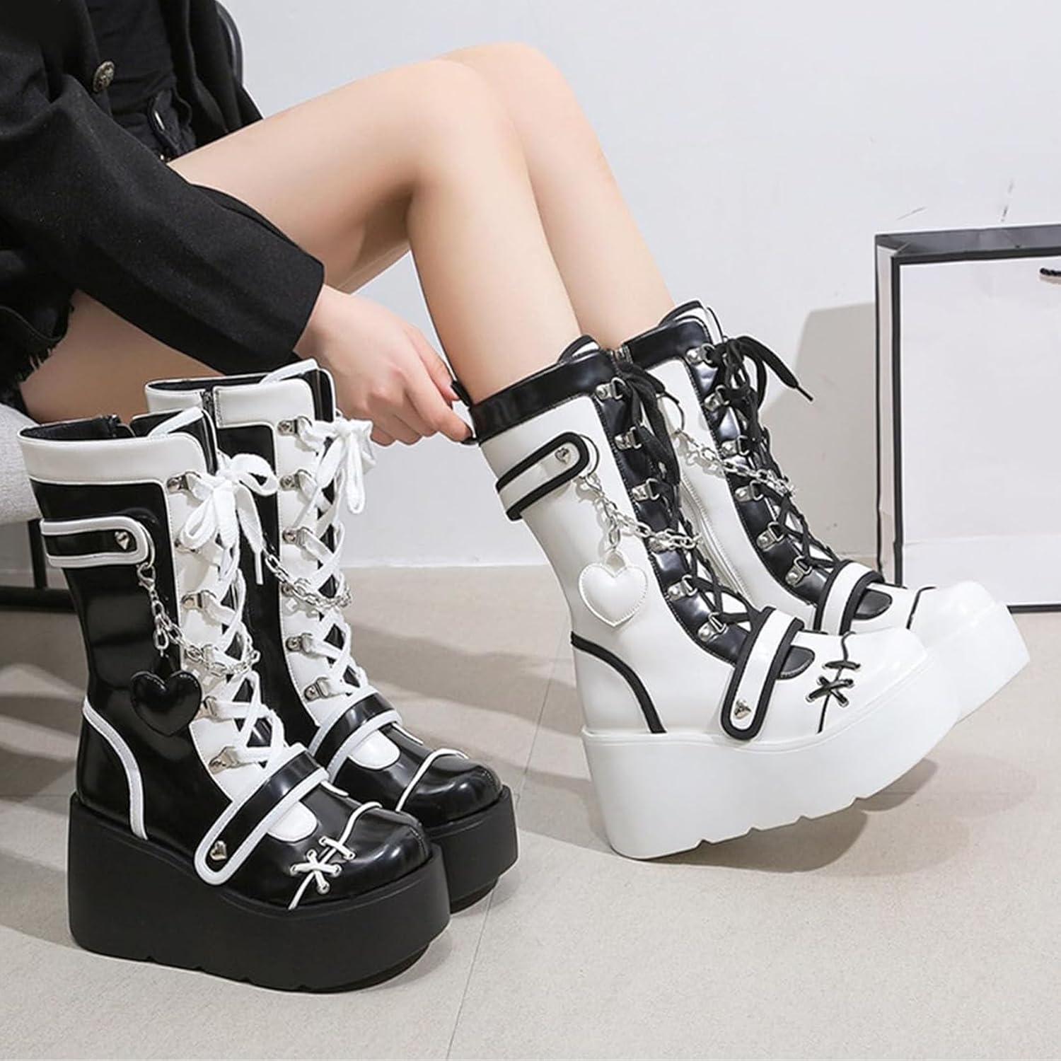 SHEMEE Cute Wedge Platform Biker Boots for Women Y2k Punk Riding Motorcycle Boots Chunky High Heels Zipper Lace Up Combat Ankle Boots