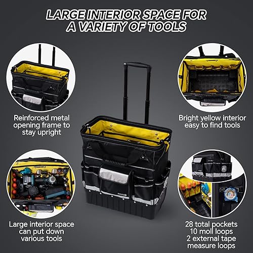 Miniatura 4 de MARUTAI Bolsa de herramientas con ruedas de 18 pulgadas, bolsa de herramientas impermeable con ruedas, organizador de almacenamiento portátil, bolsa