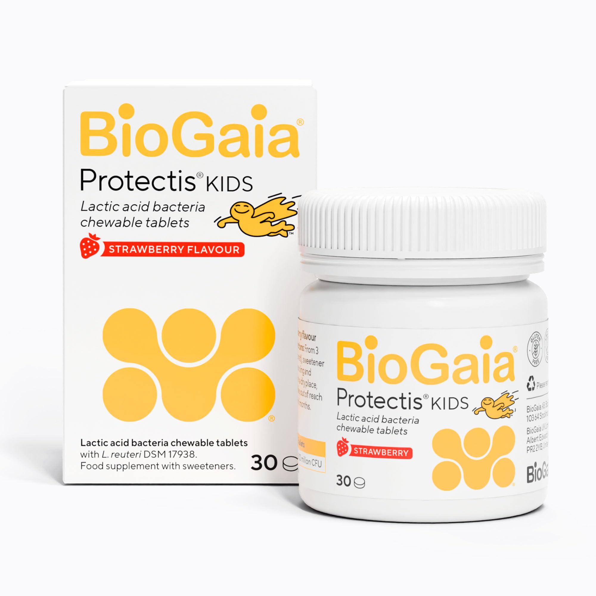 BioGaia Protectis Kids Tablets | 30 Chewable Probiotic Supplements with 100 Million Live L. Reuteri | Gut Health and Comfort | Digestive System Support for Children - Strawberry Flavour