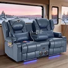 Redlife Power Loveseat Recliner Sofa with Console, PU Leather Dual Reclining Couch with Blue LED Lights, Bluetooth Speaker, USB Ports, Phone Holders, Home Theater & RV Recliner Blue