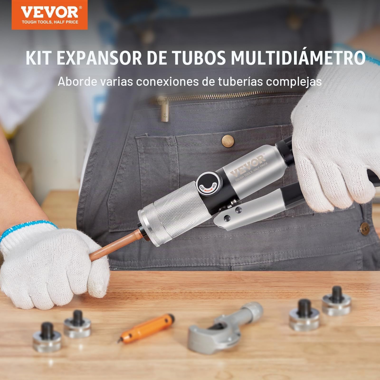 VEVOR Expansor Hidráulico de Tubos HAVC de 3/8" a 1-1/8" Kit de Estirador de Tuberías con 7 Cabezales de Expansión Herramienta Desbarbadora Cortatubos para Tubos de Cobre Aluminio Latón Acero Blando