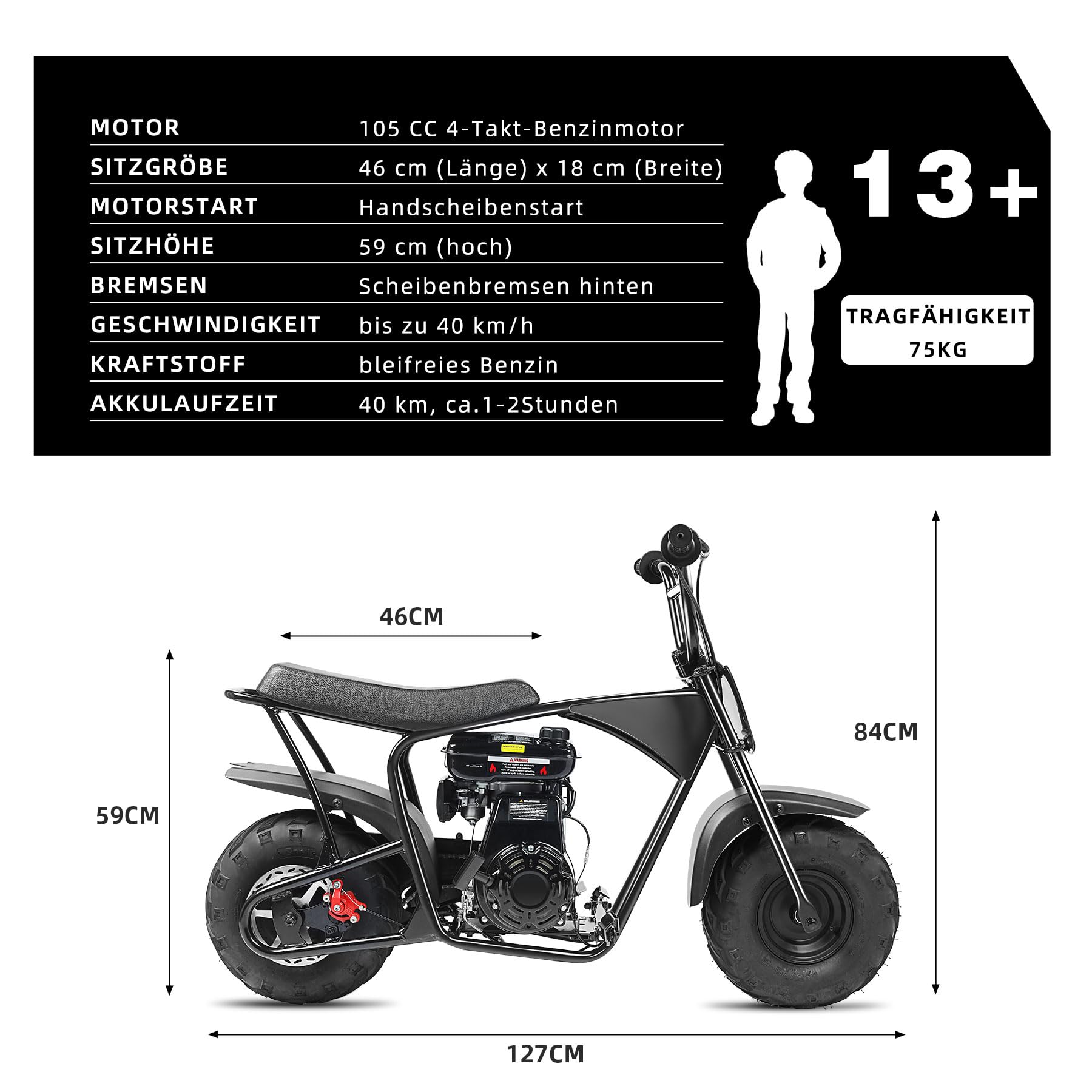 Oryxearth 105CC 4-Takt Dirt Bike Pocket Bike, Kinder Crossbike Benzin, Breitreifen Offroad Rad, Kinder DirtBike, Motocross Motorrad, DIY-Aufkleber Mini Motorrad ab 13 Jahre (Schwarz)