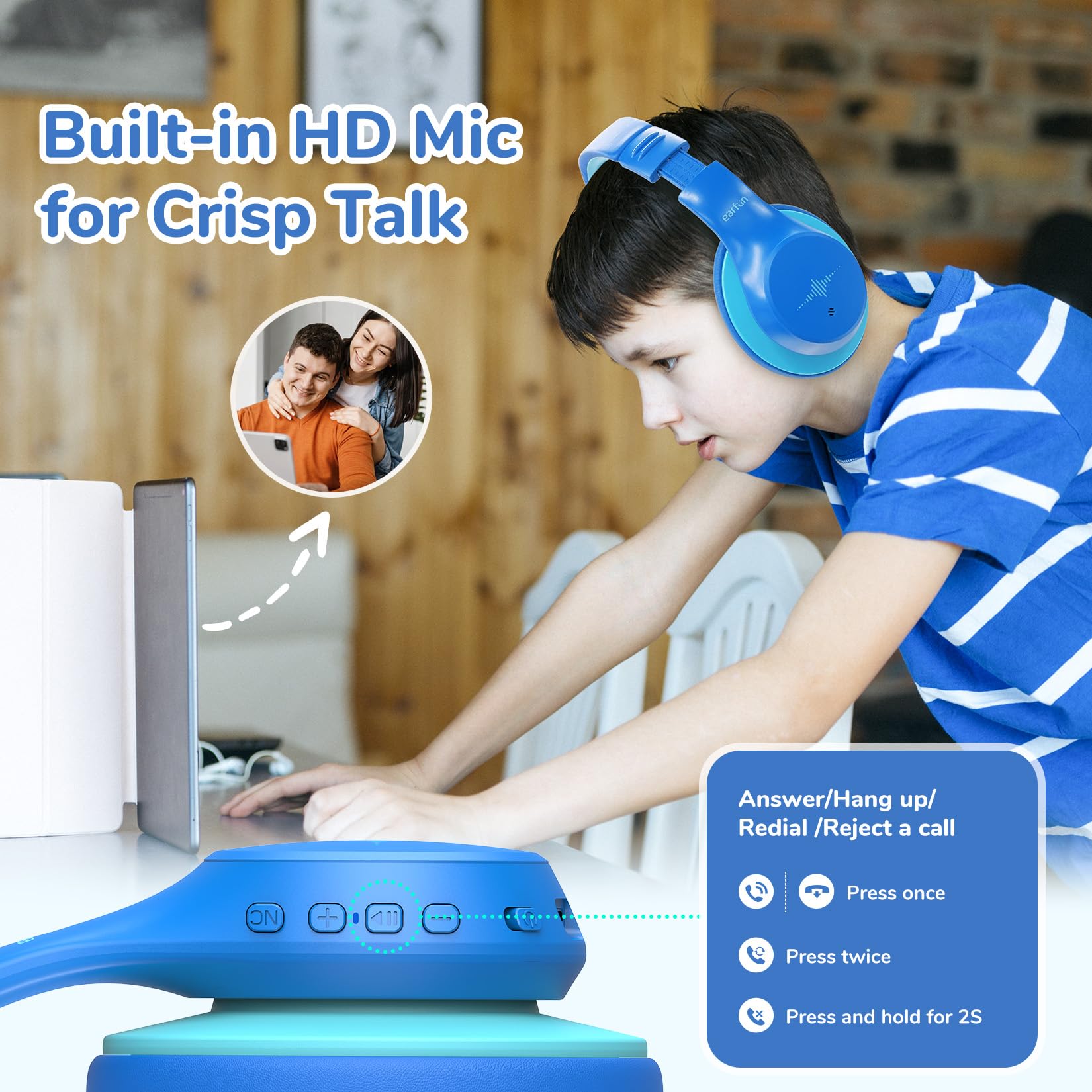EarFun Auriculares Niños Bluetooth con Micro, Réduction Active Bruit,Azul