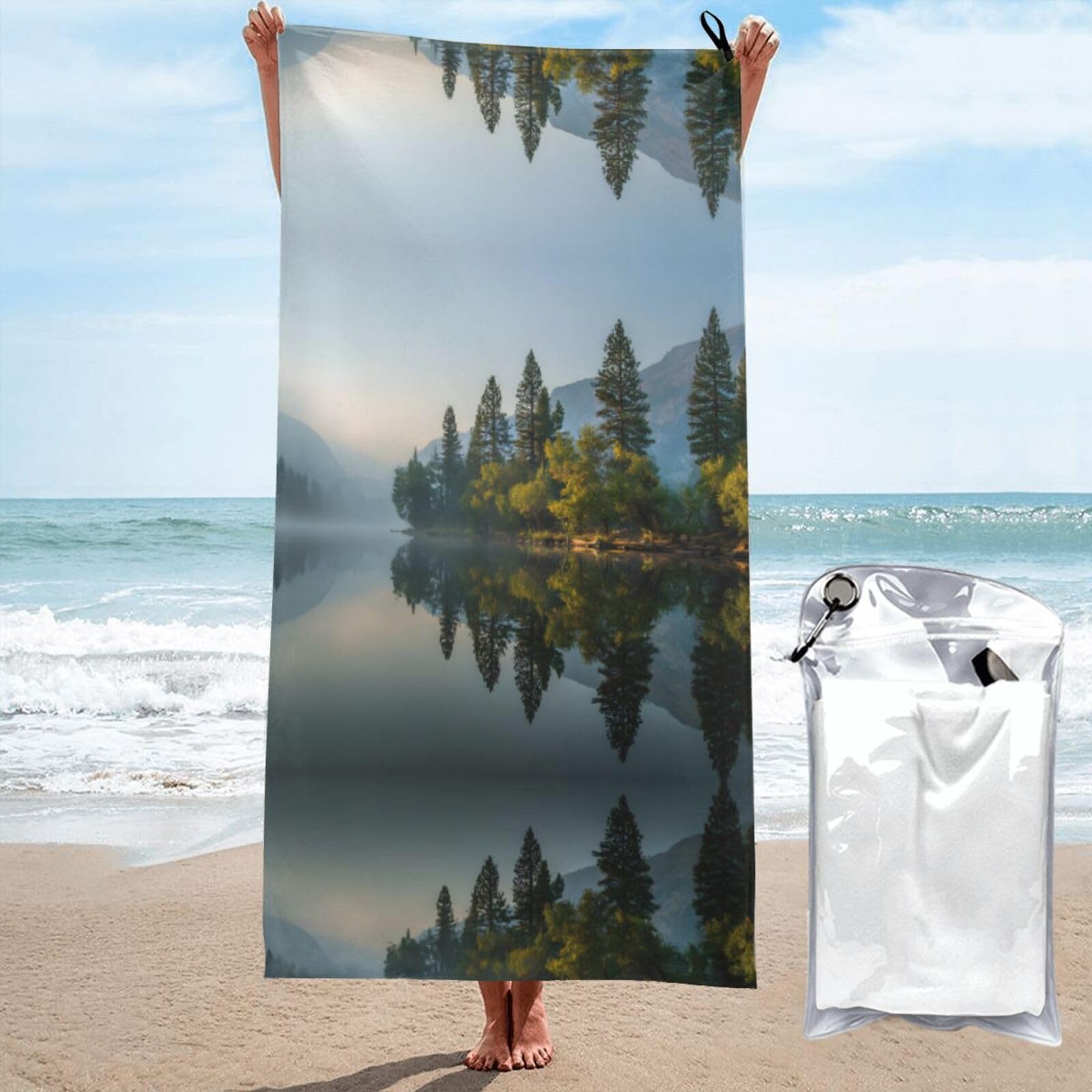ESNAIUVCD Lake Reflection Print Beach Towel, Microfibre Sauna Towel, Quick-Drying Fitness Towel, Lightweight And Thin Portable Sauna Towel