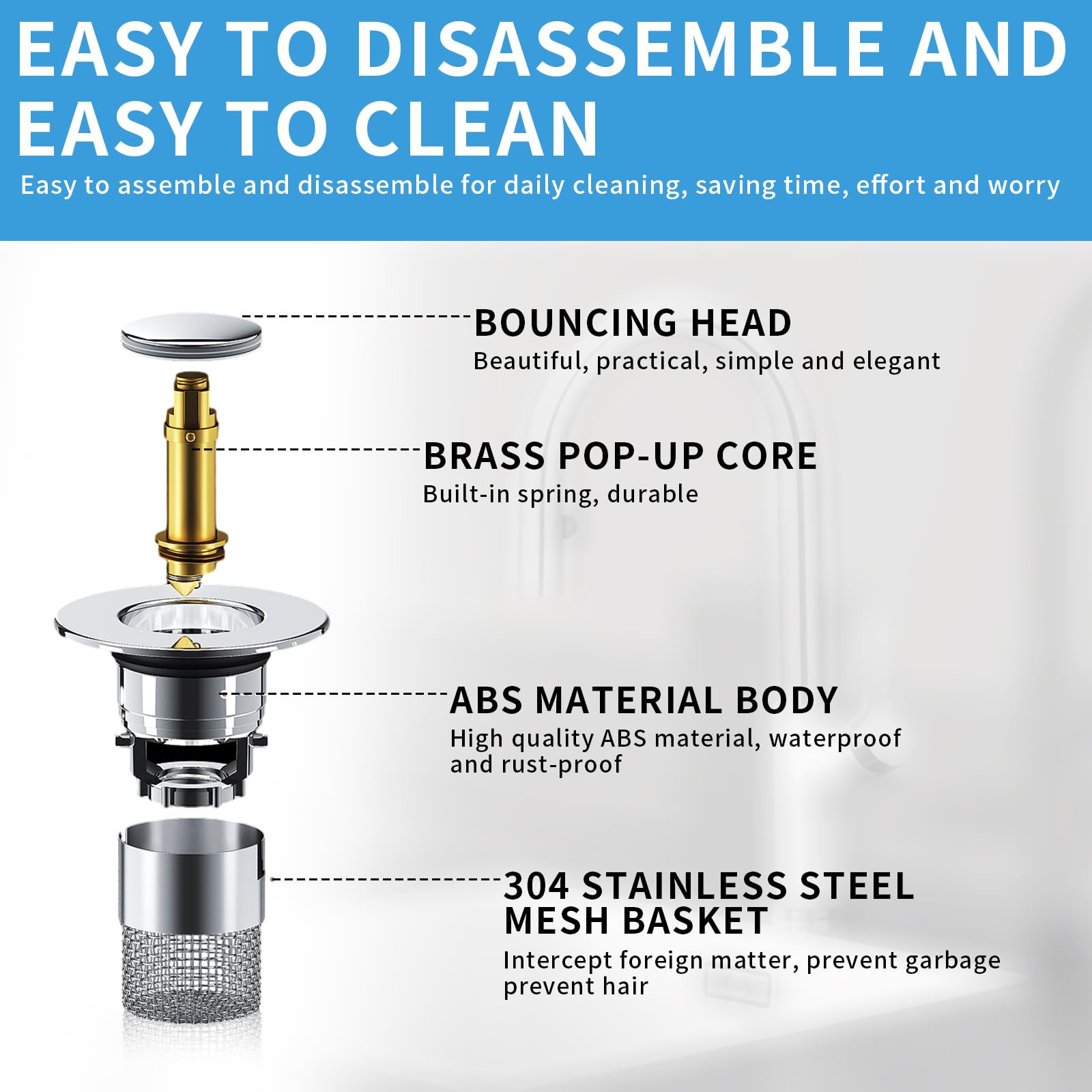 Tappo Scarico Lavandino Con Filtro 34-40 Mm - Acciaio Inox, Pop-Up, Antintasamento, Per Cucina E Bagno (Confezione Da 2) - Foto 8