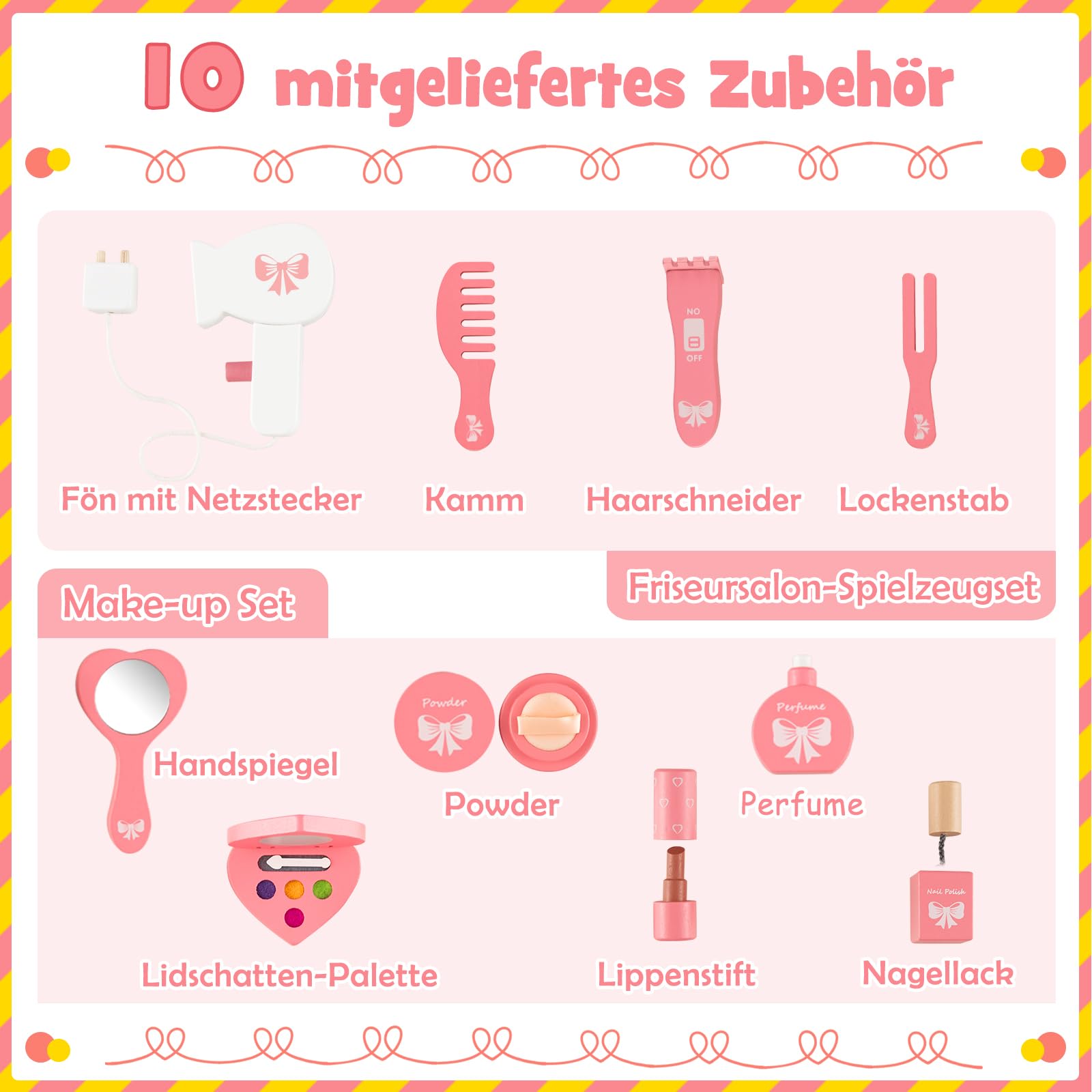 DREAMADE 2 IN 1 Kinder Schminktisch mit 10 TLG. Spielzubehör und Hocker, Prinzessin Frisiertisch mit Schublade, Kosmetiktisch Kinderschminktisch aus Holz für Mädchen ab 3 Jahren, weiß