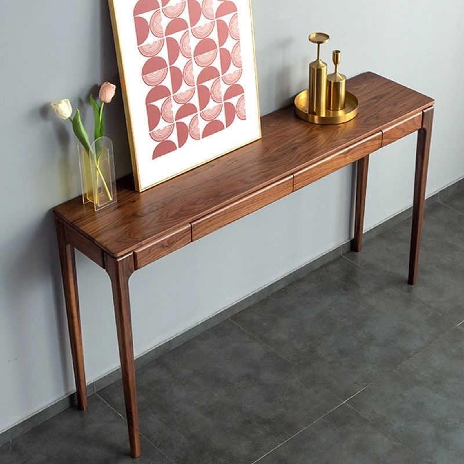 Mesa consola con 2 cajones de madera rústica marrón para entrada de casa