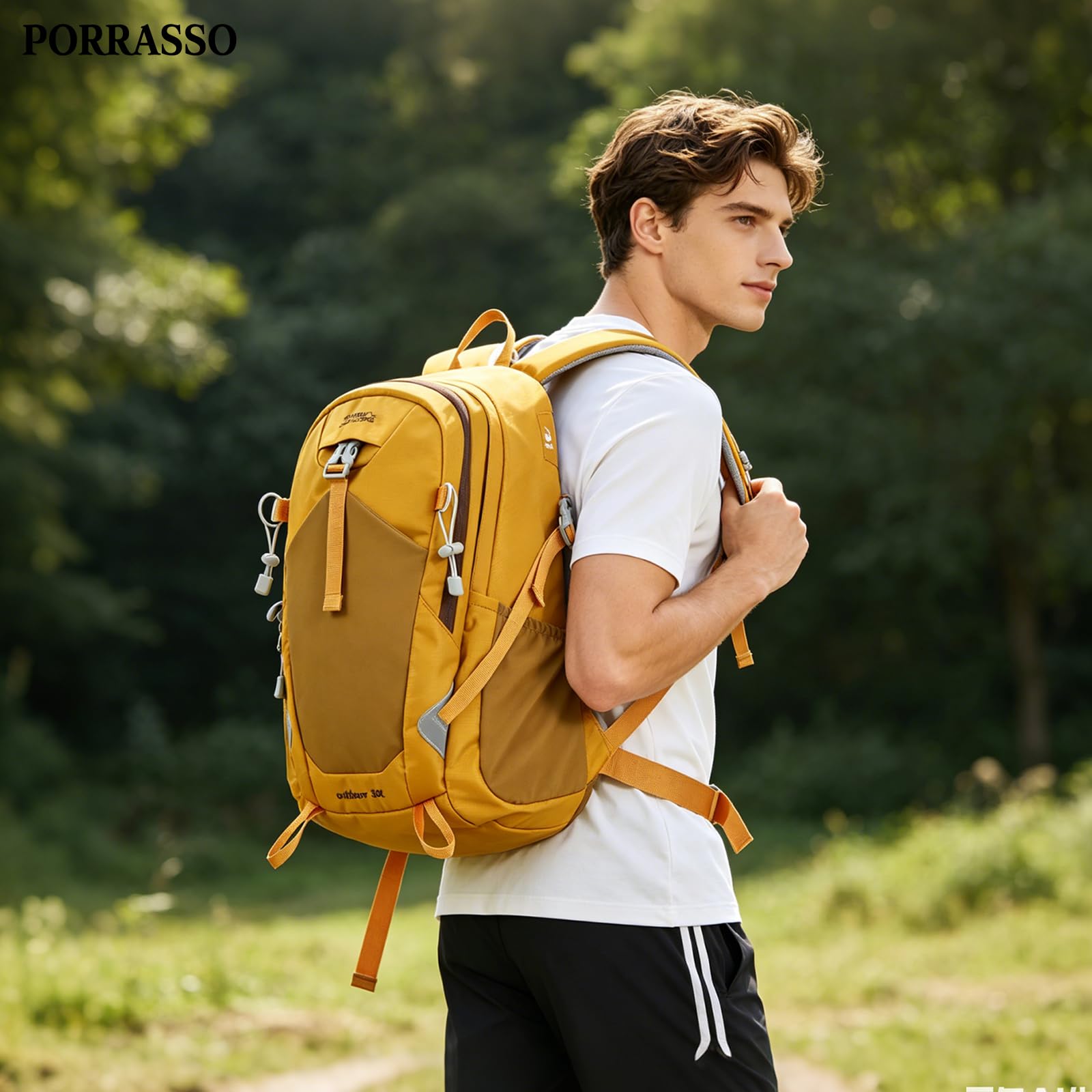 30L Wanderrucksack Wasserdicht Outdoor Tagesrucksack mit Ergonomischem Druckentlastungssystem Reflektierenden Streifen Mehrtaschen Rucksack für Camping Reisen Täglicher Gebrauch Gelb
