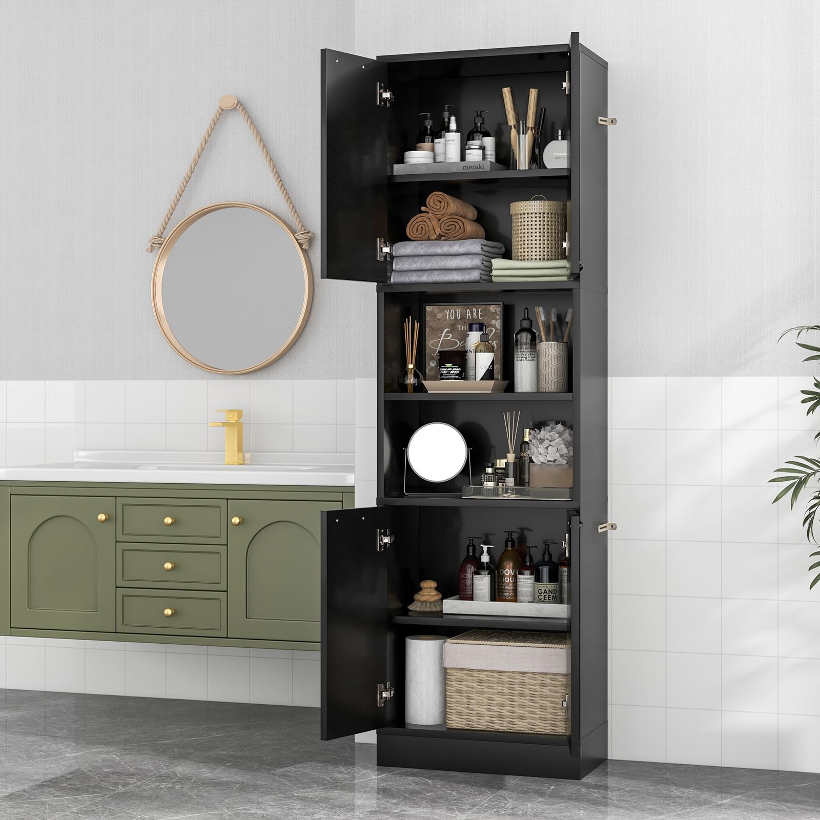 GIANTEX Buffet Cuisine Haut 190 cm, Meuble Cuisine Rangement avec 4 Portes, 2 Compartiments Ouverts, 4 Kits Anti-basculement, Armoire de Rangement 6 Etagères pour Salle de Bain (Noir)