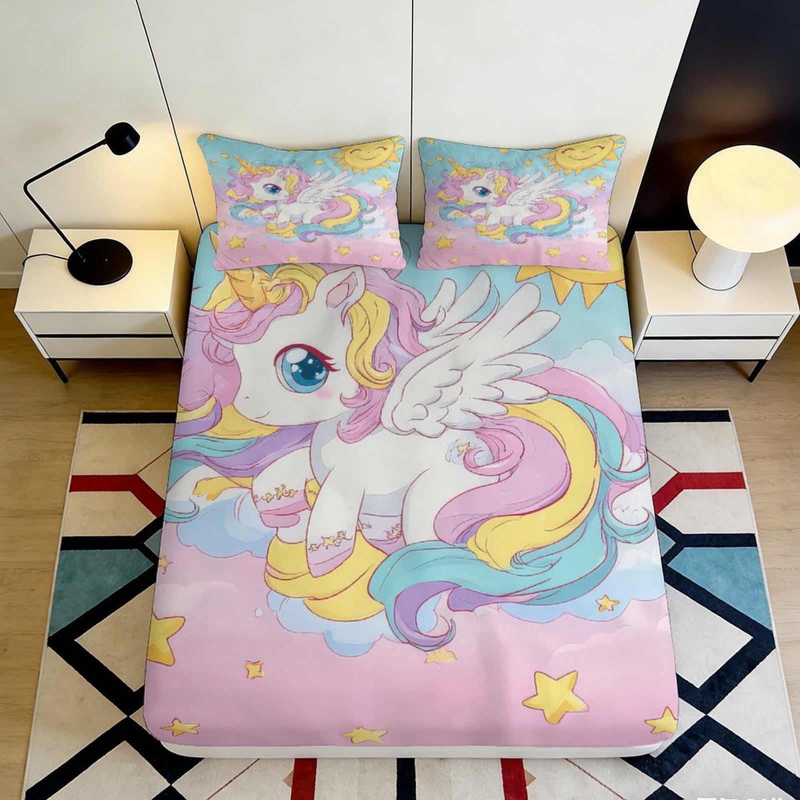 3D Printed Pastel Unicorn Fitted Sheet Microfiber Soft Anti-Slip Rainbow Sky Mattress Cover Bedroom Dorm Protector 180x200x25cm