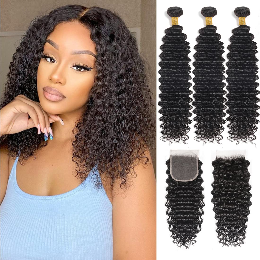 Deep Wave Bundles with Closure Human Hair (12 14 16+10 Closure) 4x4 Lace Closure with Baby Hair Natural Color 3 Bundles with Closure Free Part 100%