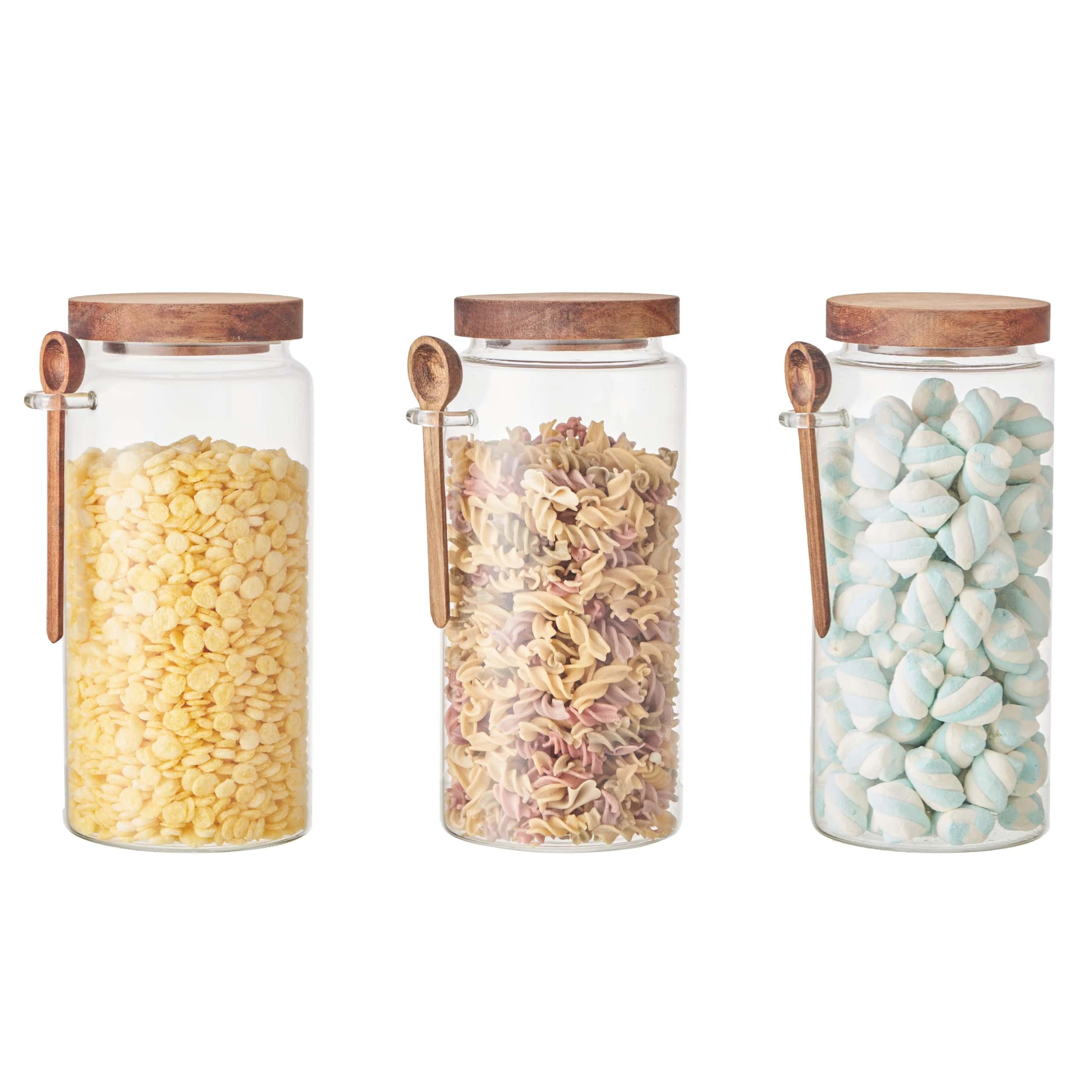 Eden & Willow Glass Kitchen Storage Jar with Acacia Lid and Wooden Spoon | Borosilicate Glass Food Canister with Spoon Holder | BPA-Free Mason Jar for Sugar, Spices, and Dry Foods (3, 1.2L)