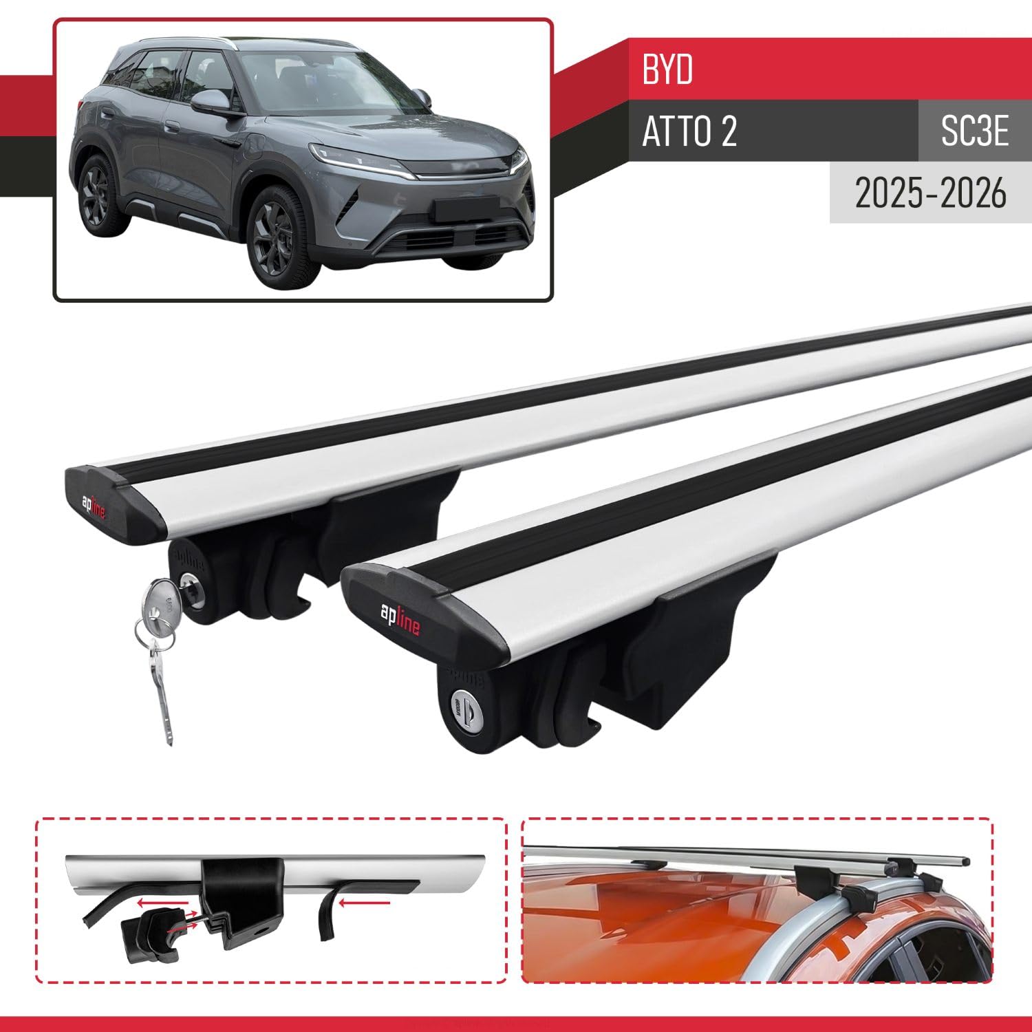 Kompatibel mit BYD Atto 2 2025-2026 Hook Model Relingträger Dachträger Auto Gepäckträger Grau Aluminium 2 Stangen