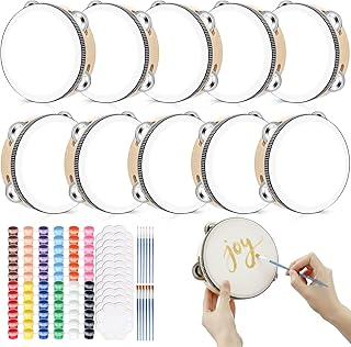 12 Set 6 Inch DIY Wedding Tambourine Drum with Paint Brush and Palette, Hand-painted Tambourine Wood Metal Jingles Drum Instrument Percussion Gift for Gift Party Crafts