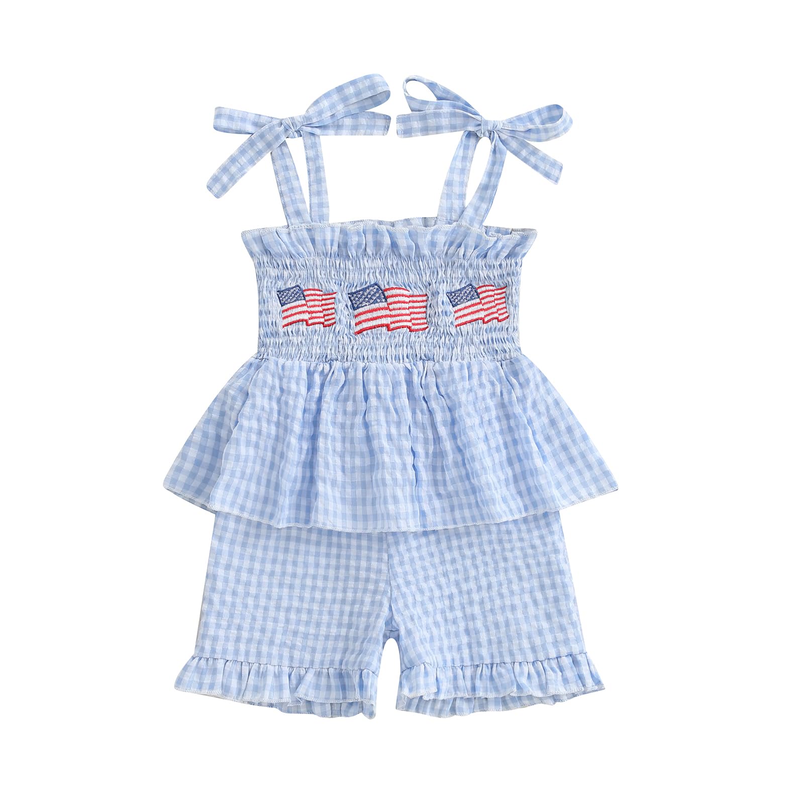 Gaono Toddler Baby Girl 4th Of July Outfit Sleeveless Tie Up Smocked Tank Top Ruffle Shorts Set Patriotic Summer Clothes (E-Blue, 2-3T)