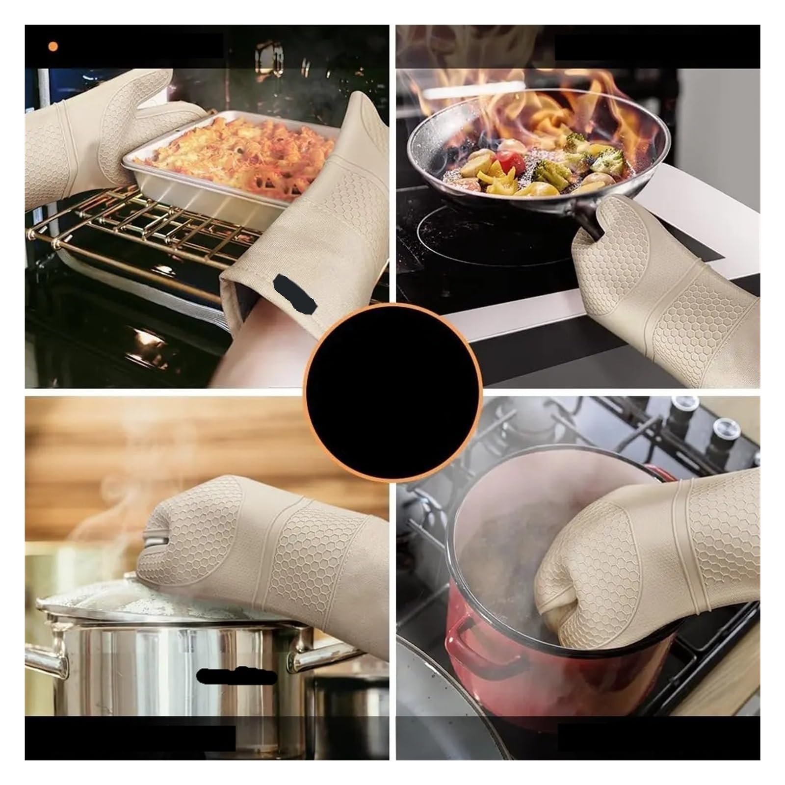 Juego de 6 guantes de horno de silicona extra largos antideslizantes | Microfibra, silicona, algodón; 2 guantes largos, 2 salvamanteles, 2 pinzas; textura de panal