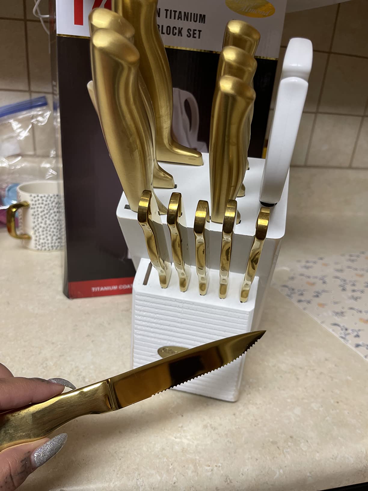 16/mo Finance Marco Almond MA21 Golden Knife Sets, Titanium Coated