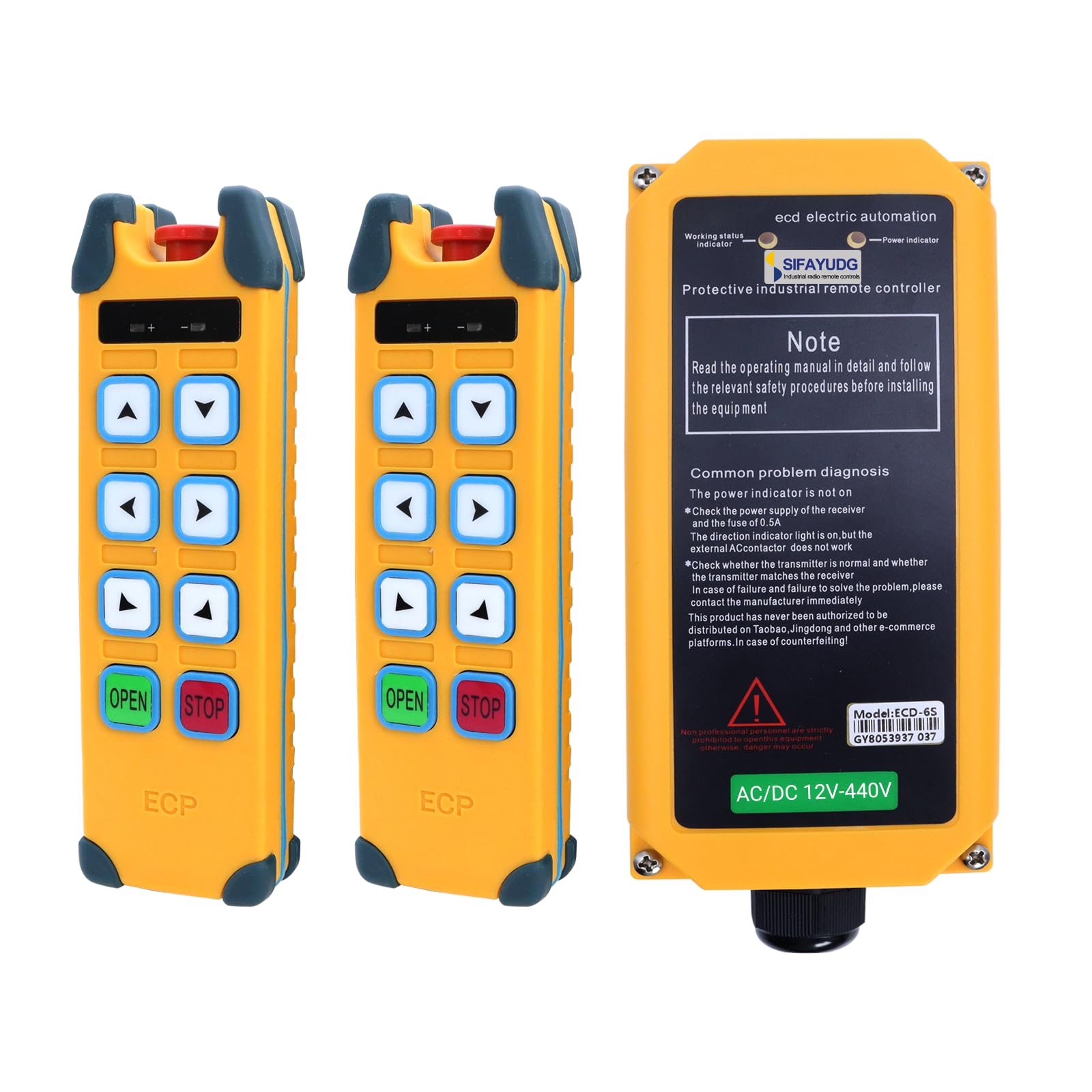 Industrial Remote Control ECD-6S Overhead Lifting Wireless Crane Remote Control 6 Buttons 12-440V Electric Hoist Winch Radio Remote Controller (2 Transmitter & 1 Receiver)