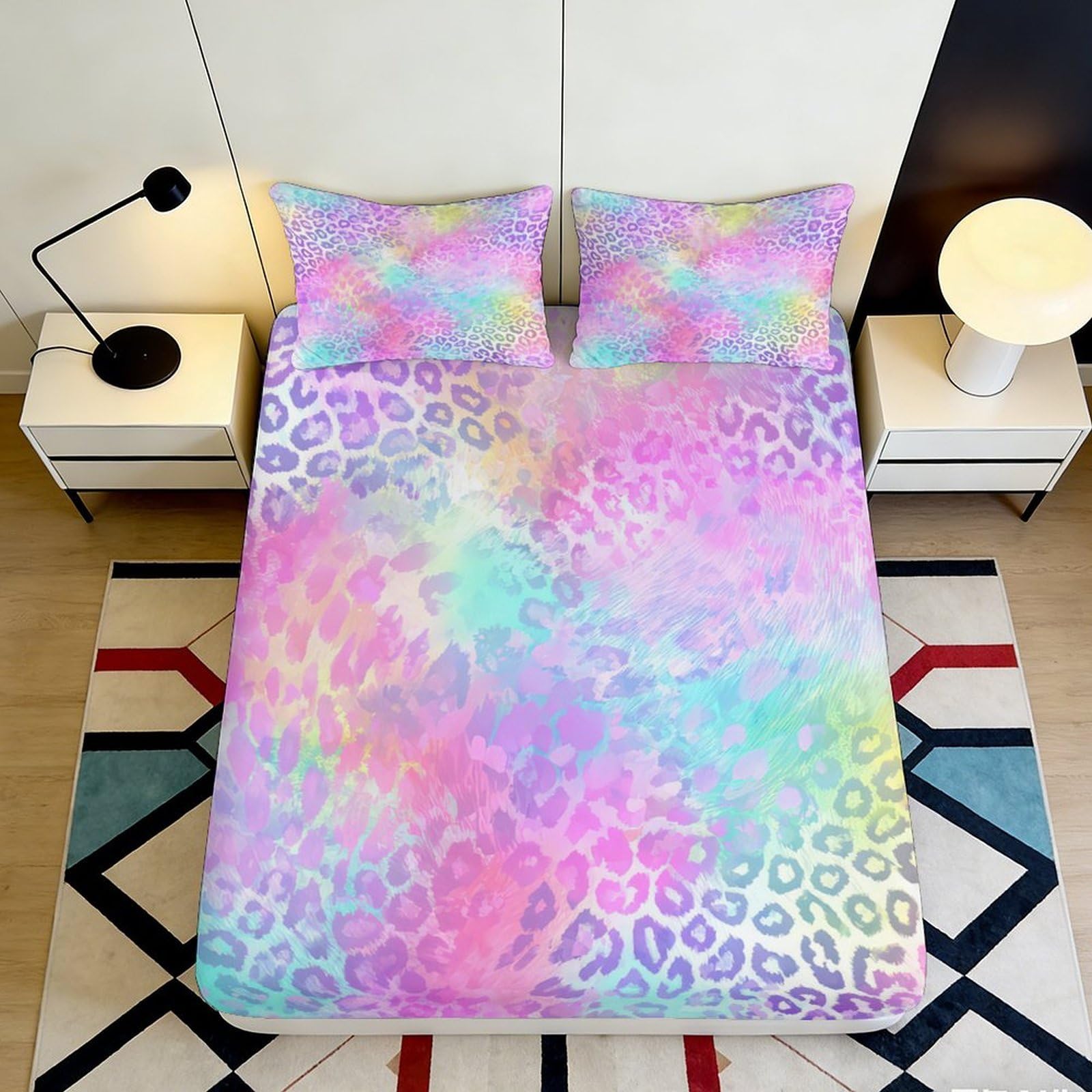 3D Printed Pastel Leopard Fitted Sheet Microfiber Soft Rainbow Animal Pattern Mattress Cover for Bedroom Dorm Decor 120x200x25cm