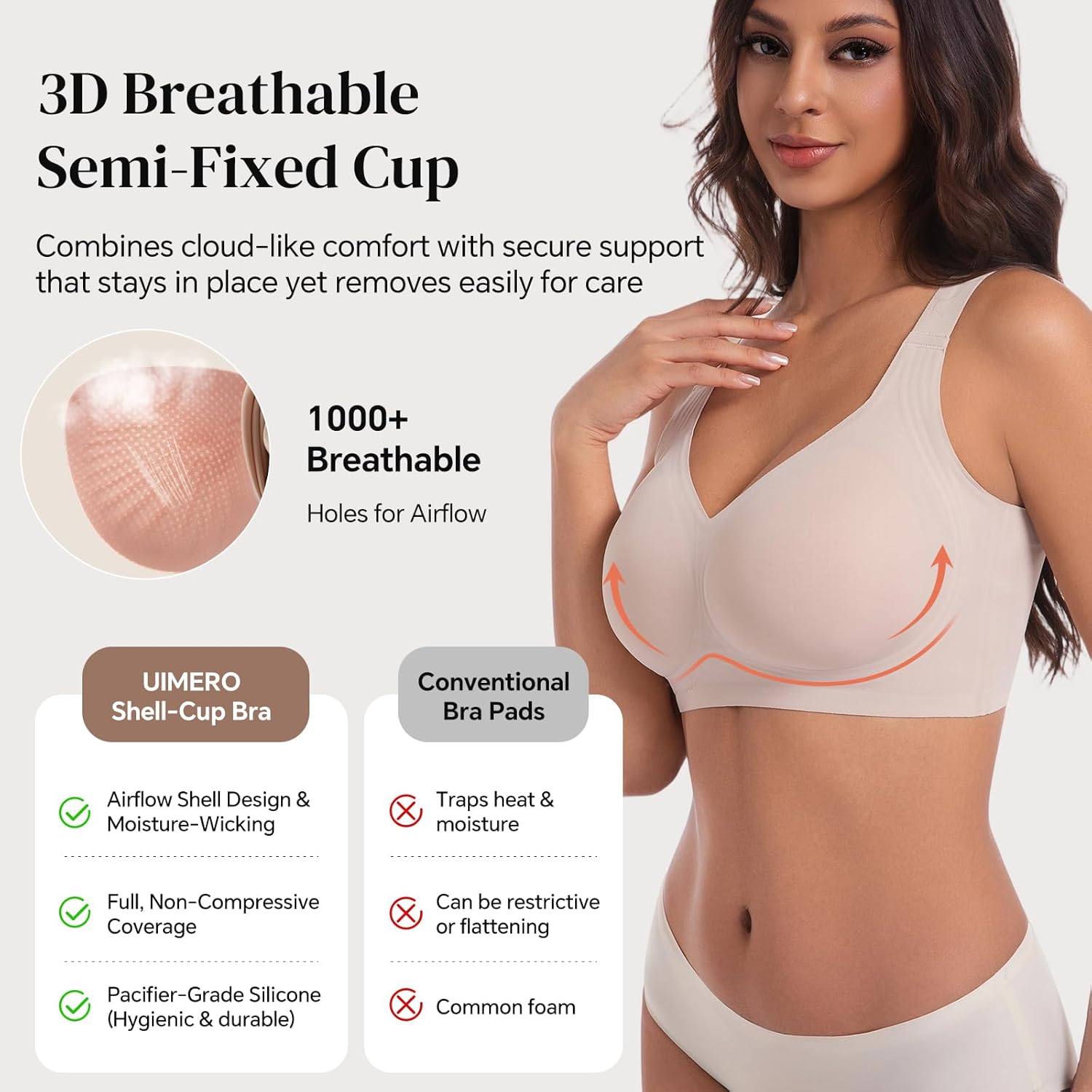 UIMERO Bras for Women No Underwire, Seamless Supportive Wireless Bra, Minimizer Womens Bras, Full Coverage T-Shirt Push Up Bra Nude - Image 2
