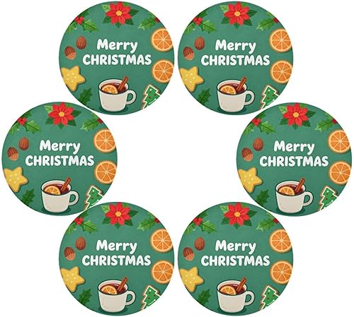 Merry Christmas Green Round placemates Non Slip placemats Easy to Clean Waterproof individuales para mesa de comedor Azul 15.4x15.4in Set of 6