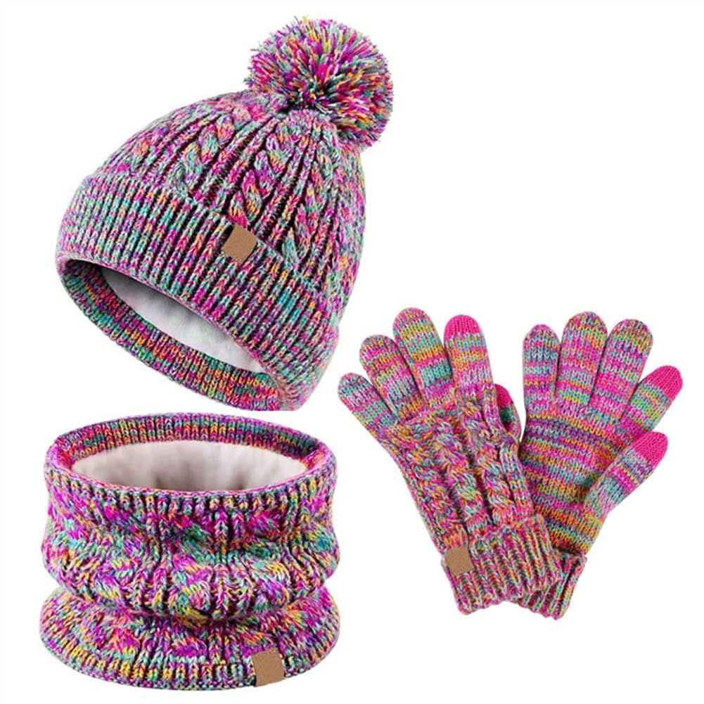 Lifup Conjunto de Bufanda Gorro y Guantes, Invierno Cálido Sombrero de Punto con Pompon, Beanie Forro Polar Niños Set para Niños Niñas 5-10 Años