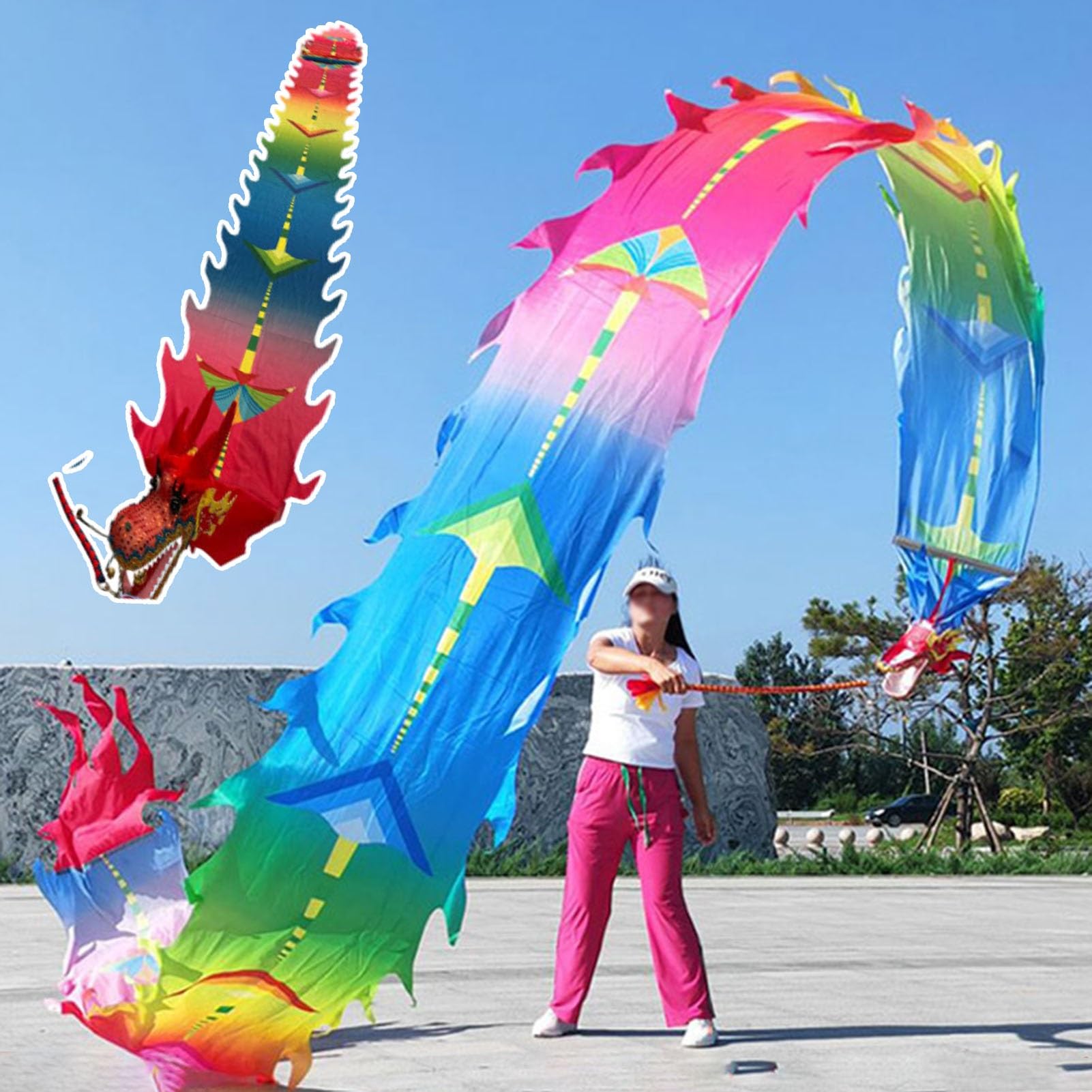 ALANIZ Drachen-Poi, waschbar, seidenartig, Drachentanz, Drachen-Drehbänder for körperliches Training mit Drachenkopf, Drachen-Dreh- und Schüttel-Poi for Übungen(Colorful,10 m (33 ft))