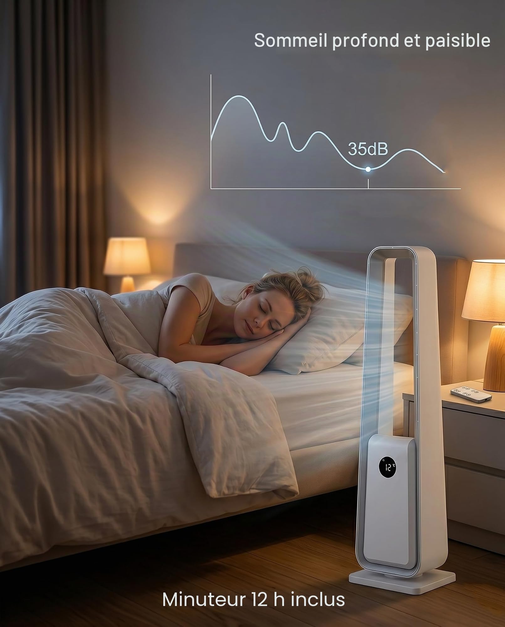 Ventilateur Sans Pale : Ventilateur Colonne Sans Pale Silencieux avec Télécommande, 24 Niveaux de Vitesse, 3 Modes, Minuterie 12H, Oscillant pour Chambre et Salon, Chambre, Maison, Bureau
