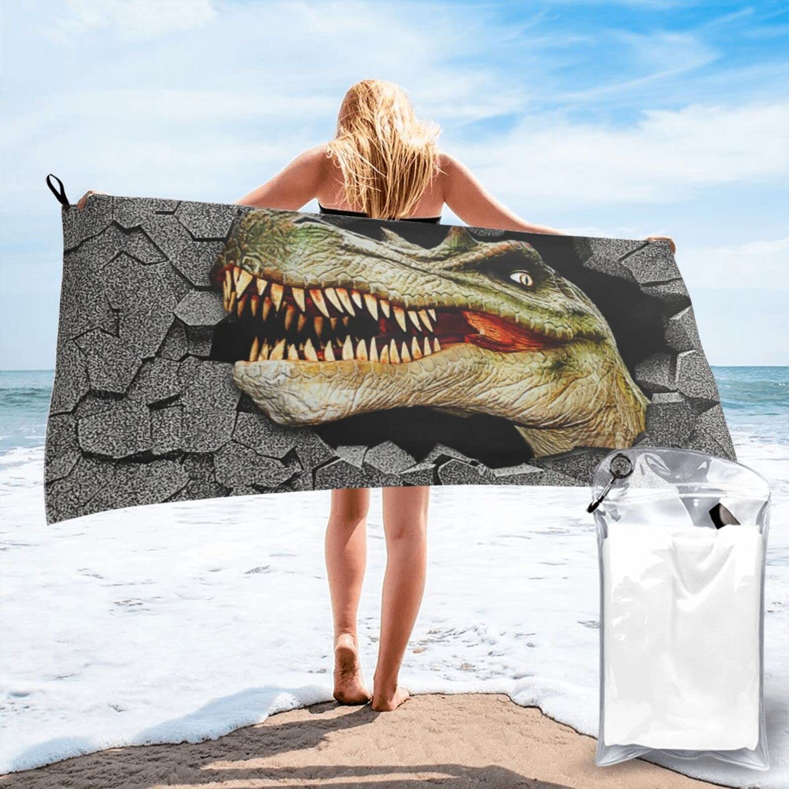 Lawenp Dinosaur Microfiber Beach Towel Adults Large Quick Drying Bath Towel Travel Towels with Pouch 27.5"x55"