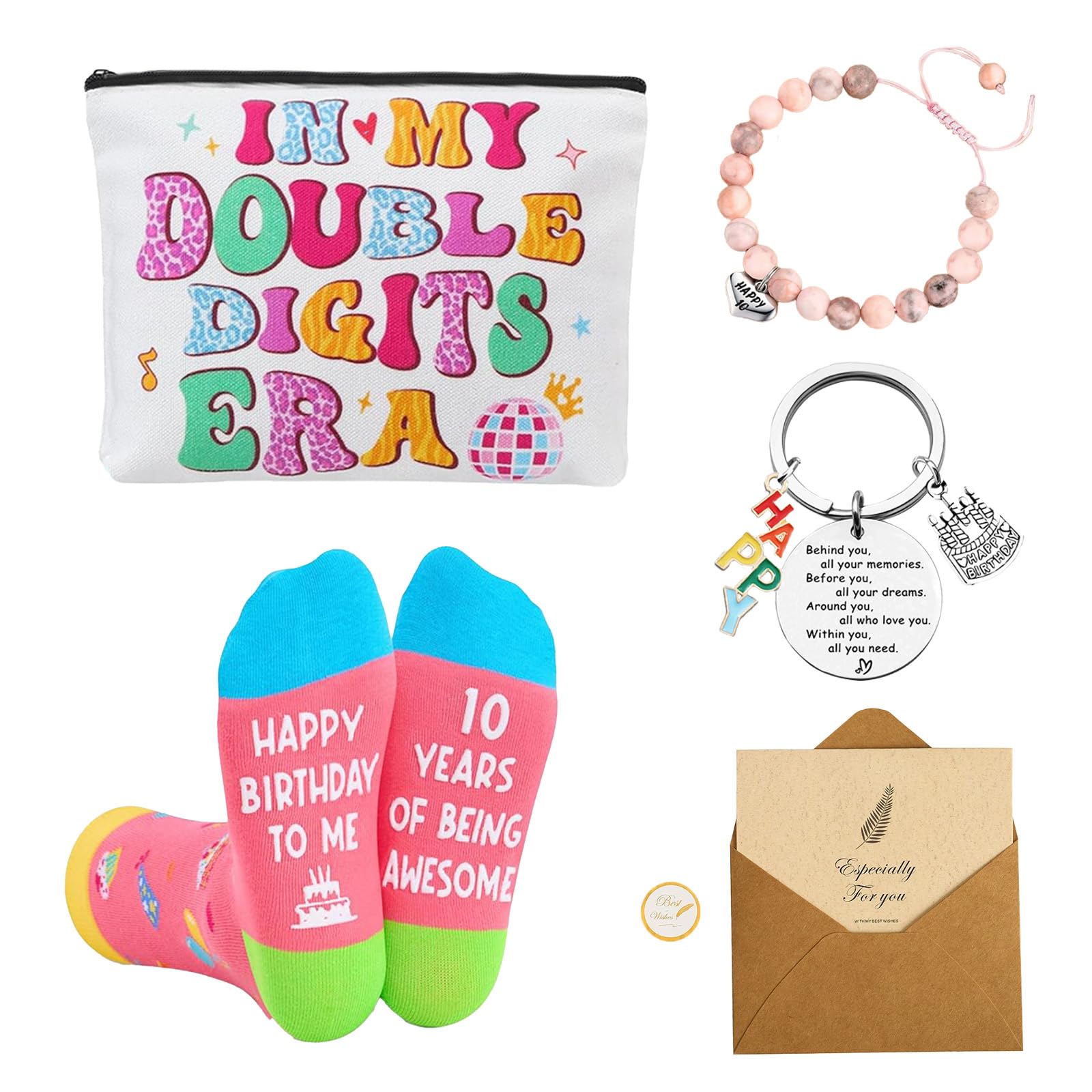 Gifts for 10 Year Olds Girls,Includes: Colourful Birthday Make-Up Bag + Pair of Colourful 10th Birthday Socks + 10th Bracelet + Keyring + Set of Envelopes，Suitable for A 10-Year-Old Girl