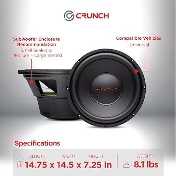Crunch CRW12D4 CRW 12 Inch Subwoofer 800 Watt MAX 400 Watt RMS Car Audio Speaker with 4 Ohm DVC Dual Voice Coil