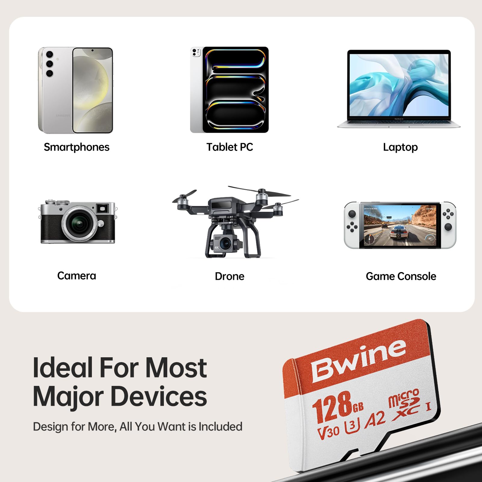 Bwine Carte Micro SD 128 Go, vitesse de lecture jusqu'à 100 Mo/s, support vidéo 4K UHD, compatible avec appareil photo numérique, drone, commutateur, avec 1 lecteur et adaptateur, orange